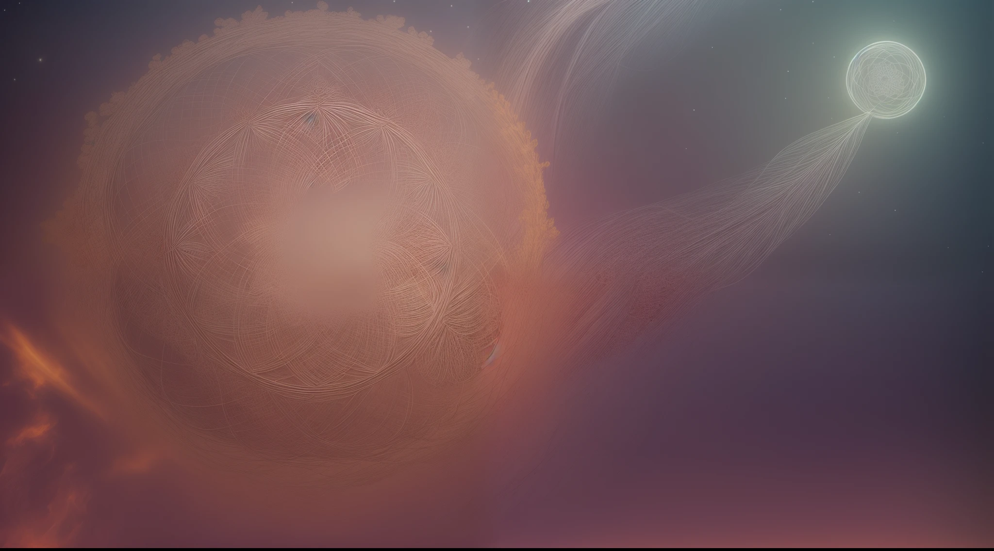 illustration, an intricately ornated dreamcatcher with iridescent jewels, in a foggy mandala nebula, slimestrands float glowing in an extraterrestrial manner in an attempt to form cherry blossom petals, bioluminescent particles, fairylights floating like little lightbubbles to irradiate the scenery in diverse neon colors, dreamworld