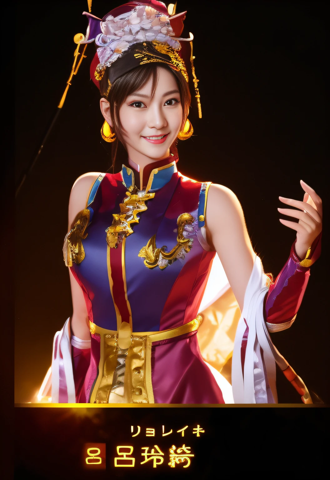 Close-up of smiling woman in costume holding sword