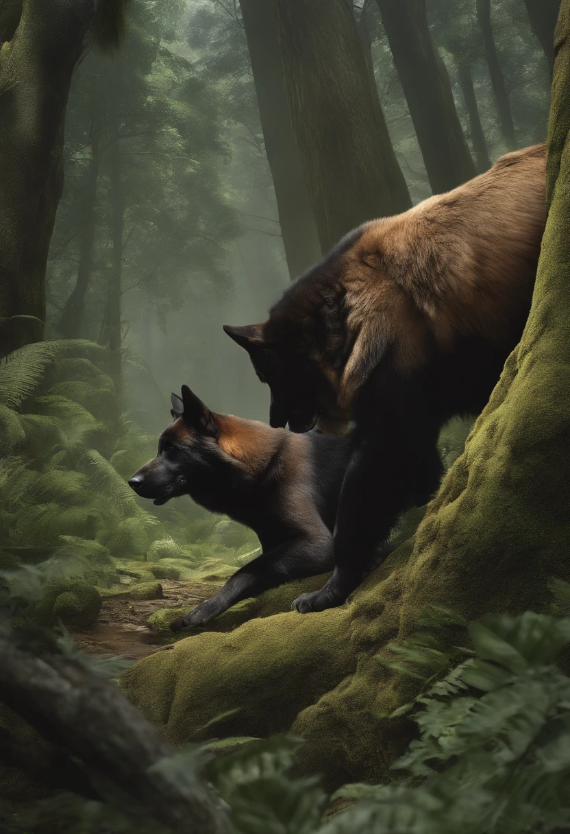 Lucas Bracey, Man hunting in the middle of the forest a ferocious dog , 8k, Foto RAW, (pele altamente detalhada: 1.2), (exposta: 1.1), (Costas expostas: 1.5), , (Vista de cima para baixo:1.5), ((::Jae Lee e Joe Madureira estilo ::2.0 comix illustration style,Estilo Tatoon ,, (fundo bonito e claro:1.2),, fantastic paintings , ::Jason Fabok e estilo Yoji Shinkawa ::2.0 comix illustration style,Estilo Tatoon , Comic book style , (fundo bonito e claro:1.2),, fantastic paintings ,estilo grafite; master part, melhor qualidade, alta qualidade, extremamente detalhado CG unidade 8k papel de parede, scenecy, fotografia premiada, HDR, extremamente detalhado, trending on ArtStation, trending in cgsociety, intrincado, High detail, Arte por Midjourney Style::JKenneth Rocafort ESTILO ::2.9 (master part:1.2, melhor qualidade), (belos olhos finamente detalhados: 1.2),