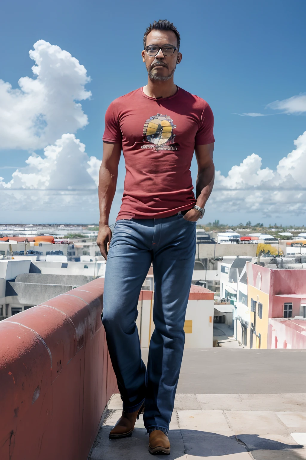guttoépico2, Professional photograph of a man with glasses, (((vestindo camiseta vermelha, bermuda jeans, bota de trilha))). Standing on top of a tall building showing the city below. Sunny day with dark clouds in the sky, octan render, 8k