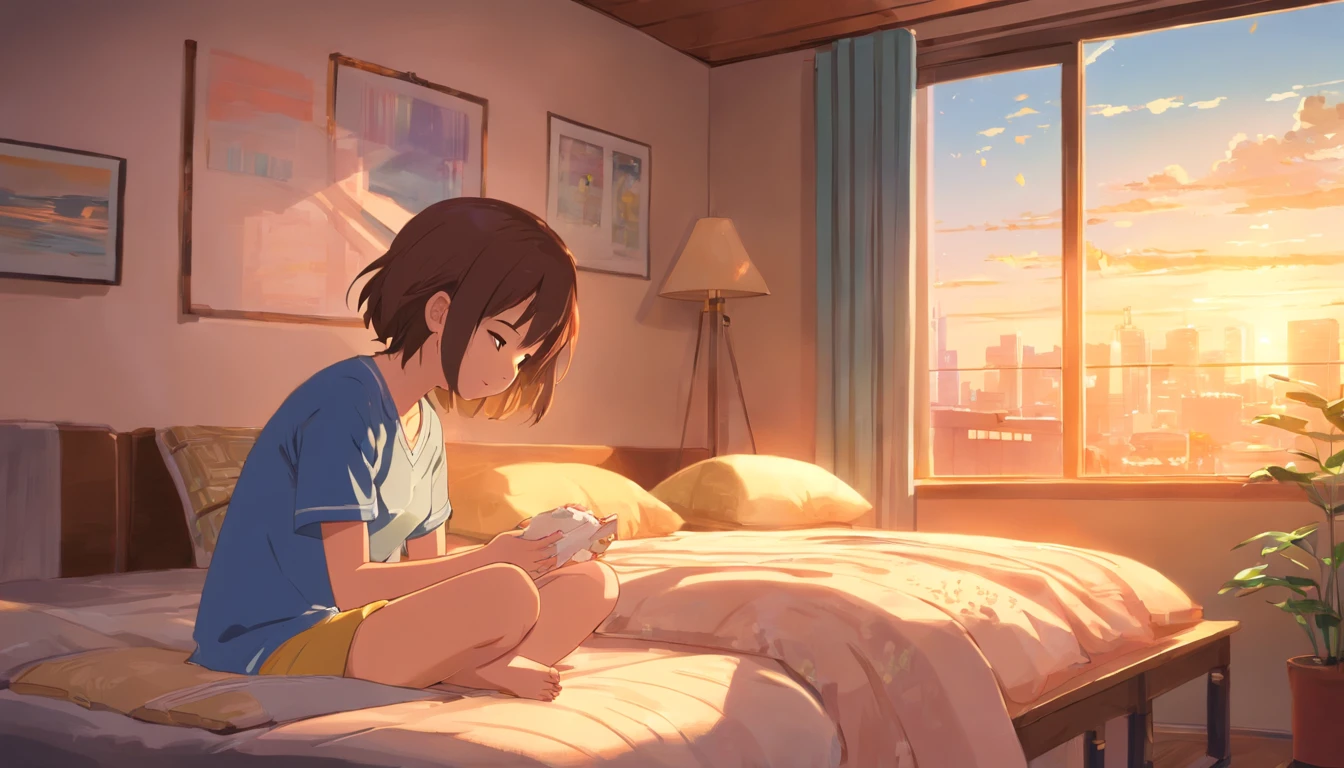 obra-prima, melhor qualidade, filme ainda, 1girl, Uma menina meditando em seu quarto em cima da cama ao lado de seu gato