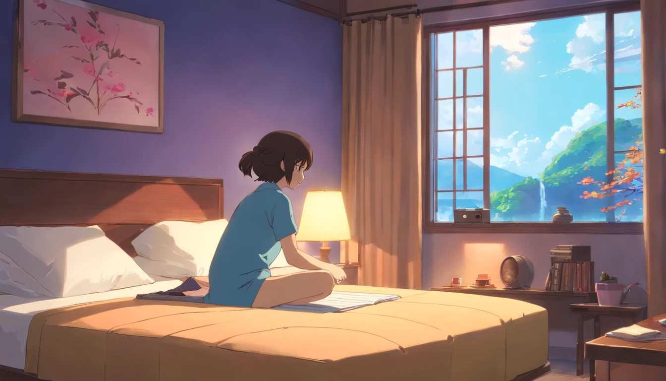 obra-prima, melhor qualidade, filme ainda, 1girl, Uma menina meditando em seu quarto em cima da cama ao lado de seu gato