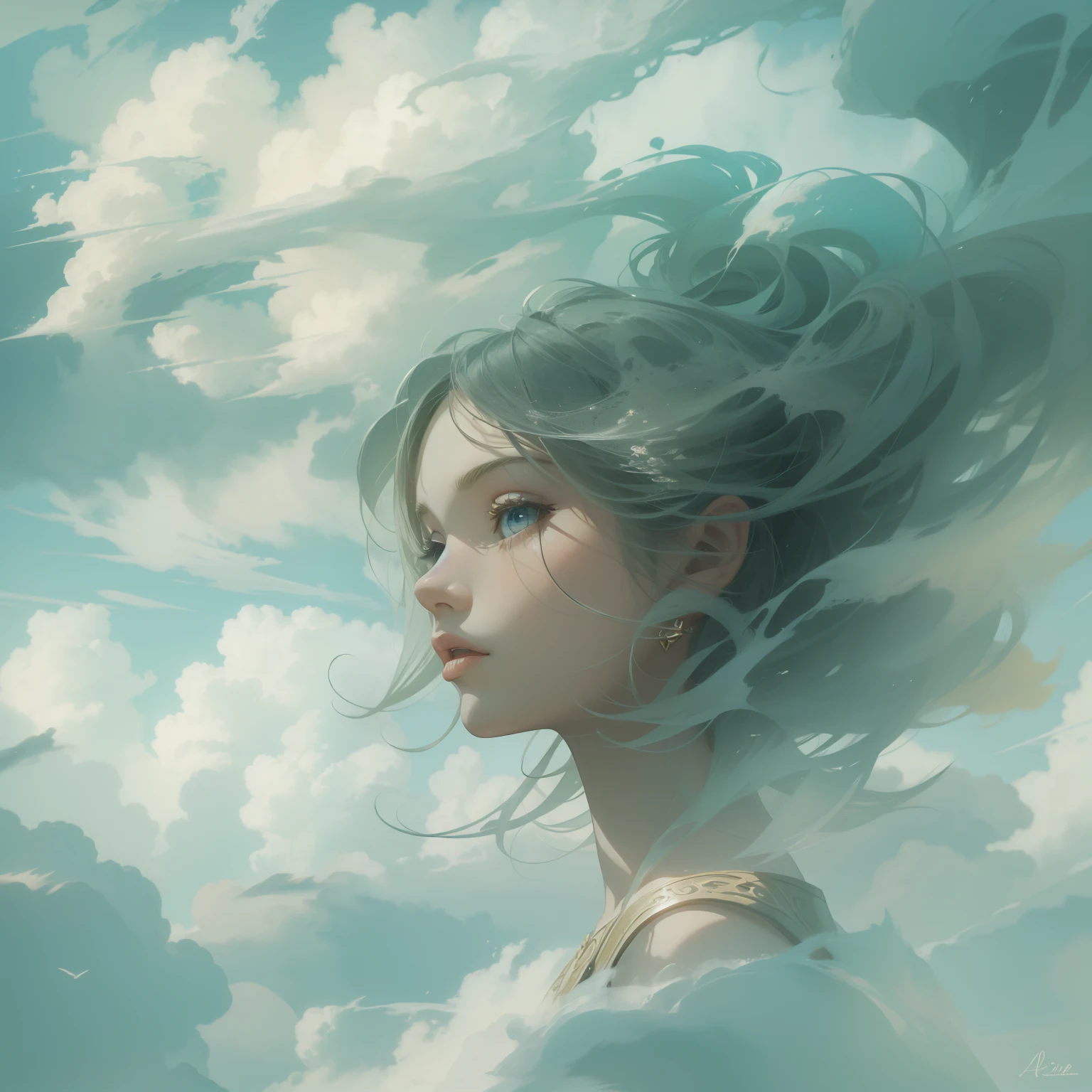 The girl's head and face were covered with clouds,Stylized abstract portrait close-up of beautiful girl,Sky draft,Surrealist art fantasy style,Epic digital fantasy art style