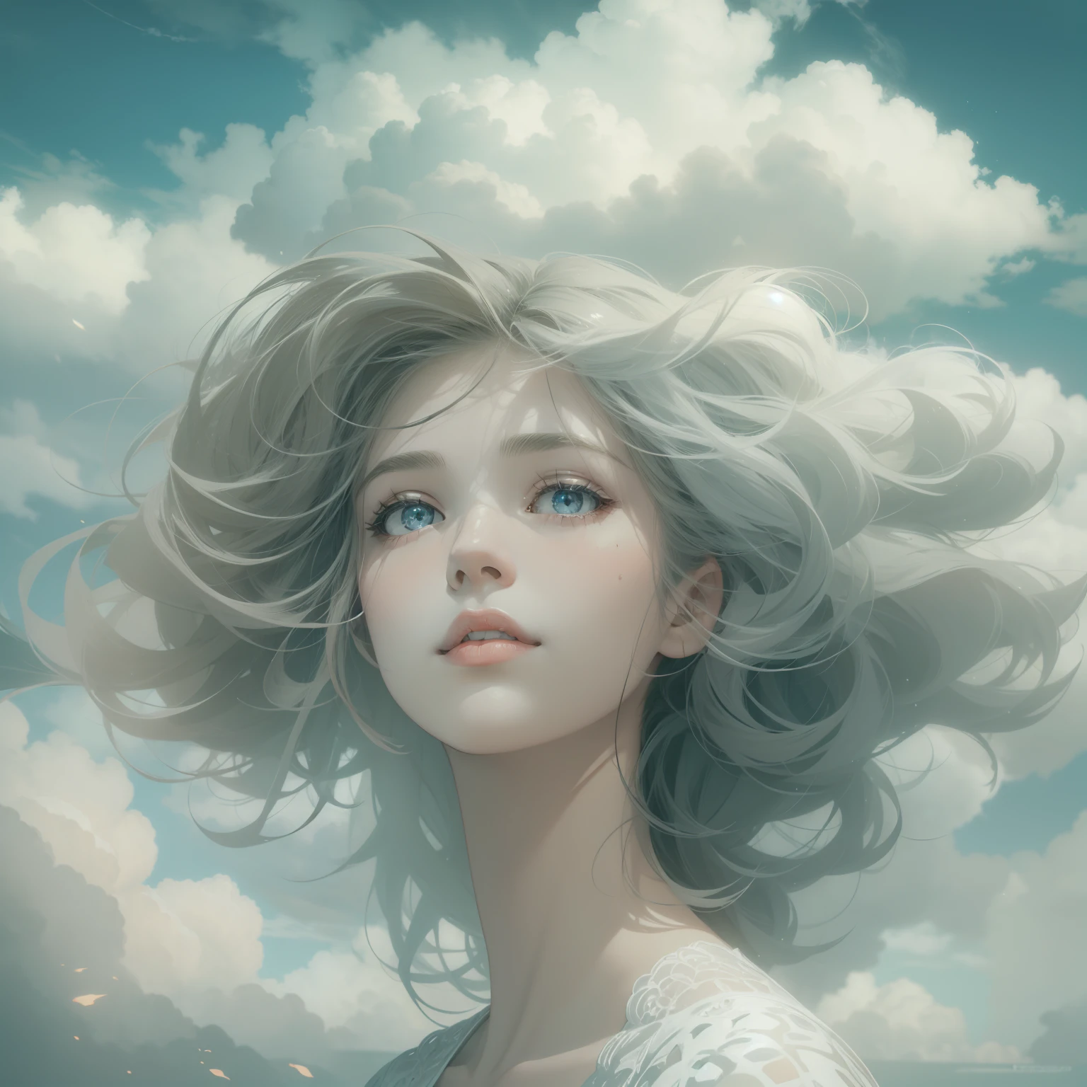 The girl's head and face were covered with clouds，Stylized abstract portrait close-up of beautiful girl，Sky draft，Surrealist art fantasy style，Epic digital fantasy art style