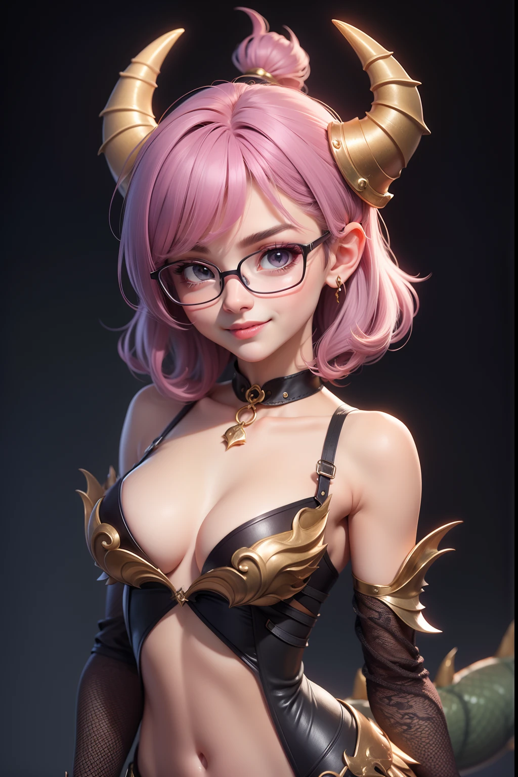 1 cute dragon race. girl (18yo) glasses, dark eyes, upper body, slim waist, natural small breast, sexy pose, seductive expression, bangs, random hairstyle, cleavage, navel, collar, collarbone, off shoulder, seductive smile, wear intricately detail hot and sexy outfit, dragon costume, mauve color, wear unique helmet, random light color, upper body. flat gray color for background