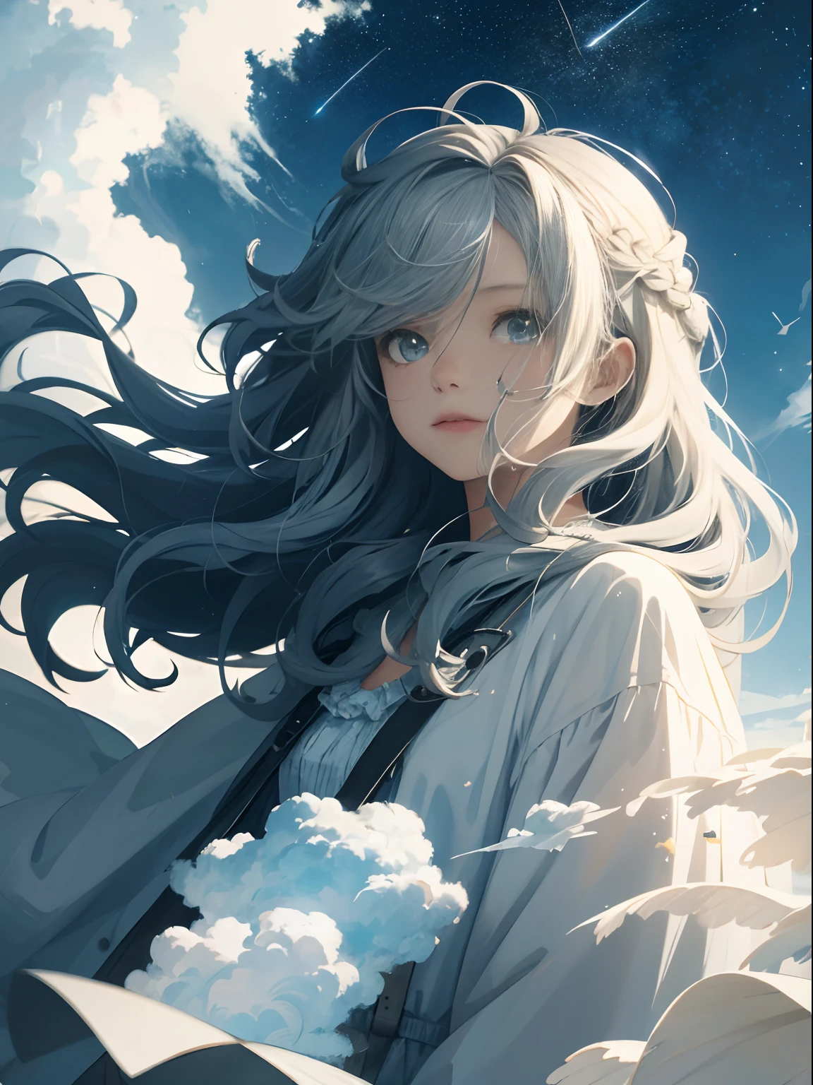 Skysky,Portrait of a beautiful girl,curlies,long hair floating in the wind,beautiful cloud,Cloud wraps girl,Clothes made of clouds,Decorate with stars,Messy painting style,