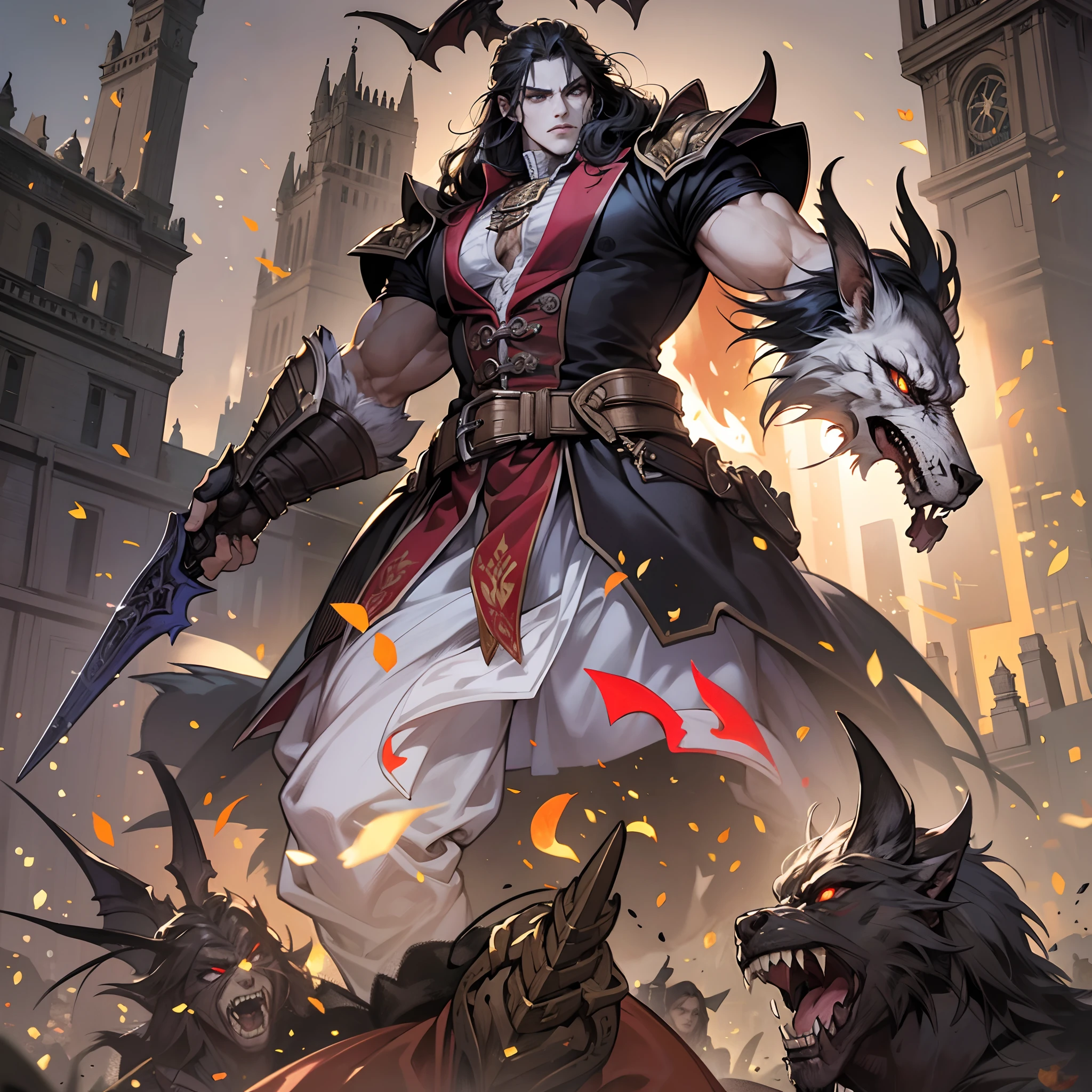 Castlevania Shadow Lord handsome muscular Lord Dracula leading troops armed with demons to war hyper realistic super detailed Dynamic pose super detailed faces hyper realistic super detailed