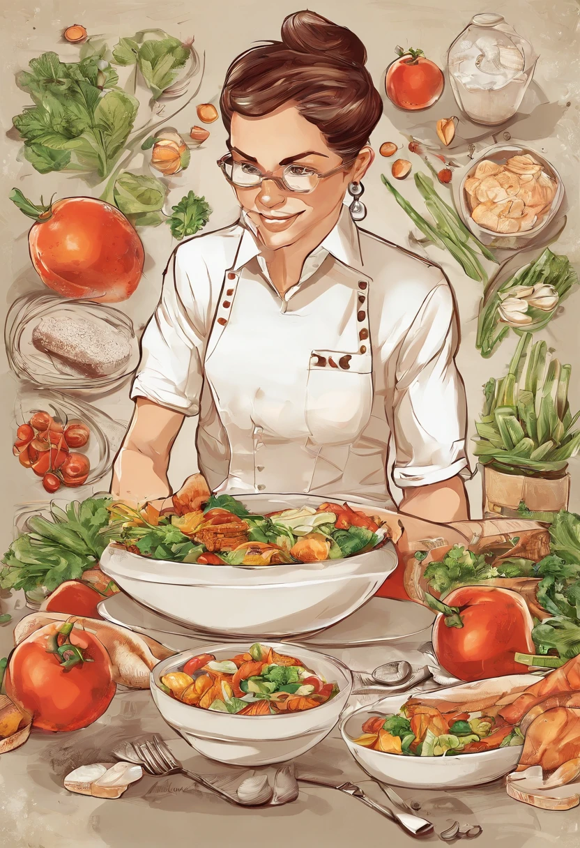 ember, who sits at the table and enjoys eating salad, The table is full of delicious, healthy food