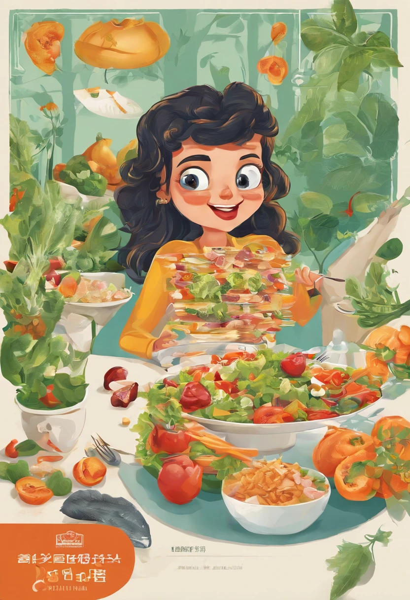 ember, who sits at the table and enjoys eating salad, The table is full of delicious, healthy food
