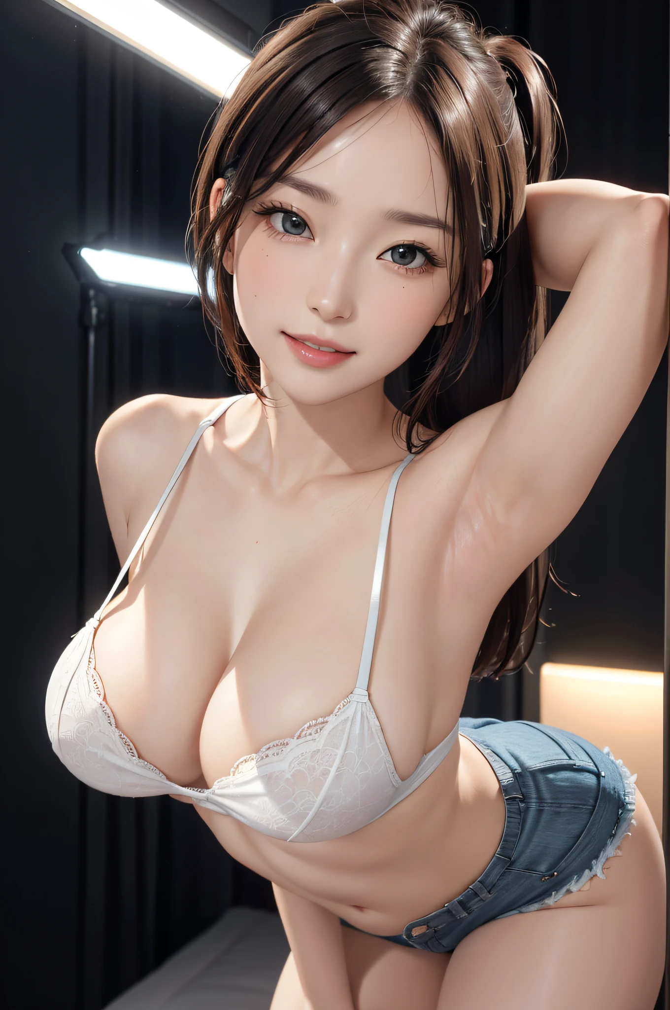 (1girl:1.3, solo), (((night situation:1.5))), (highres:1.3), (ultra-detailed:1.3), (sharp focus:1.3), (cowboy shot:1.3), (starring the viewer:1.3), (arms down),
BREAK,
1 brunette girl, solo, European girl, hot model, highly detailed eyes and pupils, realistic skin, (attractive body, gigantic breast:1.48, sagging breast:1.48, chubby:1.3, voluptuous:1.3, thin waist:1.15), thin hair, chignon hair, kanzasi, medium-length hair, extremely detailed hair, delicate sexy face, sensual gaze, shiny lips,
BREAK,
shiny-orange bare top:1.3, shorts:1.3,
BREAK,
looking at viewer, cinematic lighting, in the dark, deep shadow, at night, natural shading, low key, intricate detail, detailed skin, pore, highres, hdr, 4k, realistic,
BREAK,
(attractive posing), ((realistic, super realistic, realism, realistic detail)), perfect anatomy, perfect proportion, bokeh, depth of field, hyper sharp image, (attractive emotion, seductive smile:1.2, happy:1.2, blush:1.2, :d:1.2, :p:1.2), 4fingers and thumb, perfect human hands, (professional studio soft light, cinematic light, bar light, rim lighting, low key, in the dark),
BREAK,
(Realistic, Photorealistic: 1.37), (Masterpiece, Best Quality: 1.2), (Ultra High Definition: 1.2), (RAW Photo: 1.2), (Sharp Focus: 1.3), (Face Focus: 1.2), (Ultra Detailed CG Unified 8k Wallpaper: 1.2), (Beautiful Skin: 1.2), (Pale Skin: 1.3), (Hyper Sharp Focus: 1.5), (Super Sharp Focus: 1.5), (Beautiful Face: 1.3), (Ultra Detailed Background, Detailed Background: 1.3), (perfect female body), ((frame the head:1.3)), perfect anatomy, perfect proportions, 8.5 life-size, face focus, ultra-realistic photos, ultra-clear images, ultra-detailed images,