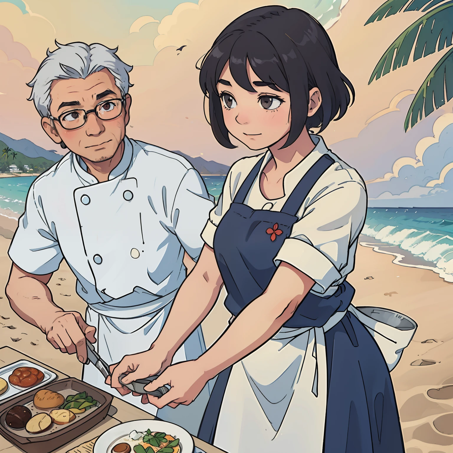 An asian filipino cheff iving a hug in her old father, her father uses glasses on the beach.

Medium: Realistic painting, vibrant colors, detailed brushwork
Scene: A serene beach with soft golden sand, palm trees swaying gently in the breeze
People: Emotional connection, love, family bond, multi-generational relationship
Description: 
- The chef has short black hair and warm brown eyes, wearing a white chef hat and a chef coat with the name embroidered on it.
- She has a kind and gentle smile, showing love and care towards her father.
- Her father is an elderly man with silver hair and glasses, wearing a comfortable beach attire.
- The chef is hugging her father tightly, expressing deep affection and gratitude.
- The beach is bathed in warm sunlight, with clear blue sky and gentle waves rolling onto the shore.
- The sand is finely textured, with small seashells scattered around.
- The chef's face shows a mixture of happiness, love, and nostalgia.
- There is a picnic set up nearby, with a blanket, delicious homemade food, and refreshing beverages.
- The atmosphere is peaceful and serene, creating a sense of relaxation and tranquility.
- The colors are vibrant, with a focus on warm tones to enhance the feeling of a joyful family moment.
- The lighting is soft and diffused, casting a warm glow on the scene.
- The painting style captures the intricate details of the chef's facial expression and the texture of their clothes, giving the artwork depth and realism.
- Although it is a casual beach setting, every element is captured with a high level of detail and craftsmanship, showcasing the mastery of the artist.
- The overall composition is balanced and visually pleasing, with the focal point on the emotional connection between the chef and her father.
- The artwork is in high resolution, allowing viewers to appreciate the delicate brushwork and the finer nuances of the scene.

(best quality, 4k, highres:1.2), ultra-detailed, (realistic, photorealistic:1.37)
Portrait, fam