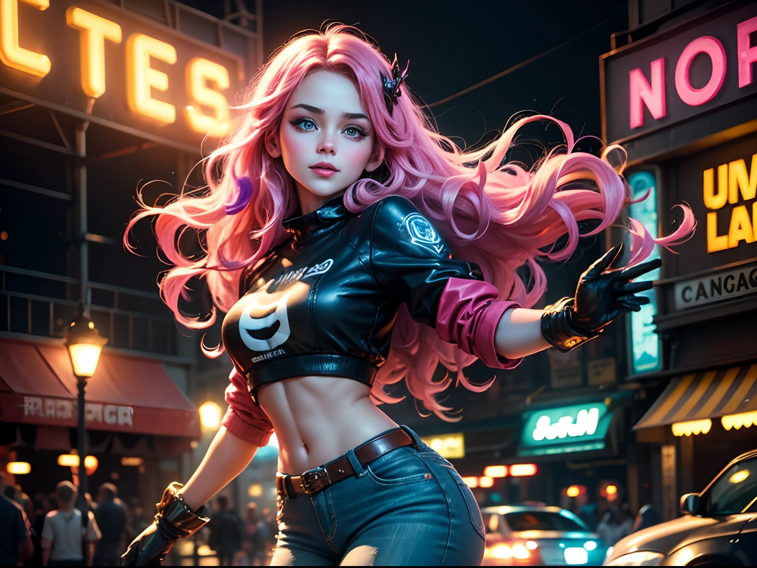 In this lifelike scene, a happy beautiful woman stands outdoors at night, dressed in a cute colorful crop top and jeans. She has beautiful long hair, captivating eyes, and finely detailed facial features. She strikes a graceful pose with an amusement park glowing neon in the background, its lights creating a blurred, dreamy effect. In her hand, she holds a sweet piece of candy, the vibrant colors of which contrast with the darkness around her. This realistic portrayal captures every aspect of her beauty and the enchanting atmosphere of the amusement park at night, complete with her charming outfit and delightful treat. Photo taken by Ellen von Unwerth with a Canon EOS 5D Mark IV and a wide-angle lens. Award Winning Photography style, with a blend of Studio lighting and Colored gels, 8K, Ultra-HD, Super-Resolution. --v 5 --q 2