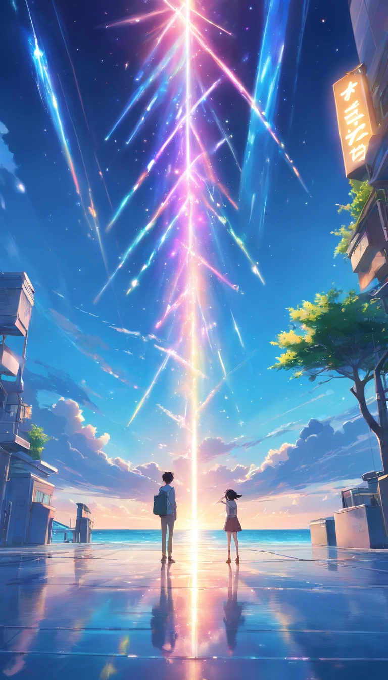 Faraway view、Landscapes、vanishing point、Outrageous resolution、A high resolution、ultra - detailed、The upper part shows the universe、Below is the sea、Bright atmosphere、fanciful、magia、Mare、In the daytime、Clean blue sky、The sun shines、prisms、beautiful light up、Bright lighting、Soft lighting、Many shining magic lights、iridescent  lights