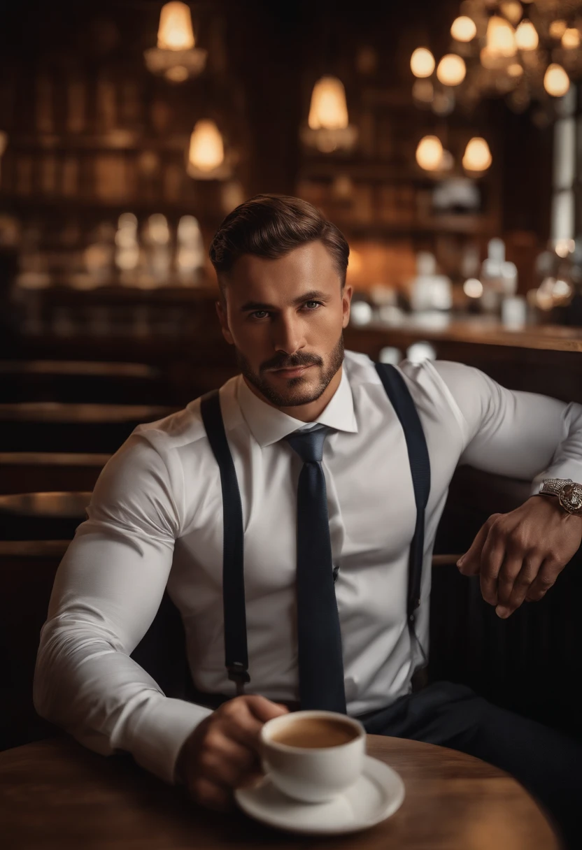 1man, 
bis 30 und.o muscular man, wearing a long-sleeved white shirt and tie, Kaffee trinken,
Sanftes Licht, 
Meisterwerk, best quality, 8K UHD, DSLR, Filmkorn, Fujifilm XT3 fotorealistische Malerei von Midjourney und Greg Rutkowski