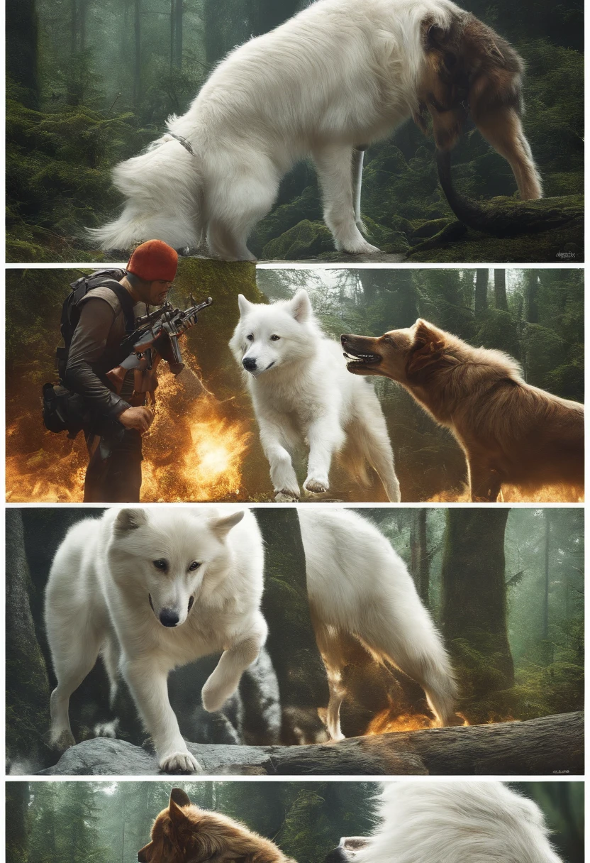 Lucas Bracey, In the middle of the forest a fierce dog, white dog, muita pelagem, 8k, Foto RAW, (pele altamente detalhada: 1.2), (exposta: 1.1), (Costas expostas: 1.5), , (Vista de cima para baixo:1.5), ((::Jae Lee e Joe Madureira estilo ::2.0 comix illustration style,Estilo Tatoon ,, (fundo bonito e claro:1.2),, fantastic paintings , ::Jason Fabok e estilo Yoji Shinkawa ::2.0 comix illustration style,Estilo Tatoon , Comic book style , (fundo bonito e claro:1.2),, fantastic paintings ,estilo grafite; master part, melhor qualidade, alta qualidade, extremamente detalhado CG unidade 8k papel de parede, scenecy, fotografia premiada, HDR, extremamente detalhado, trending on ArtStation, trending in cgsociety, intrincado, High detail, Arte por Midjourney Style::JKenneth Rocafort ESTILO ::2.9 (master part:1.2, melhor qualidade), (belos olhos finamente detalhados: 1.2),