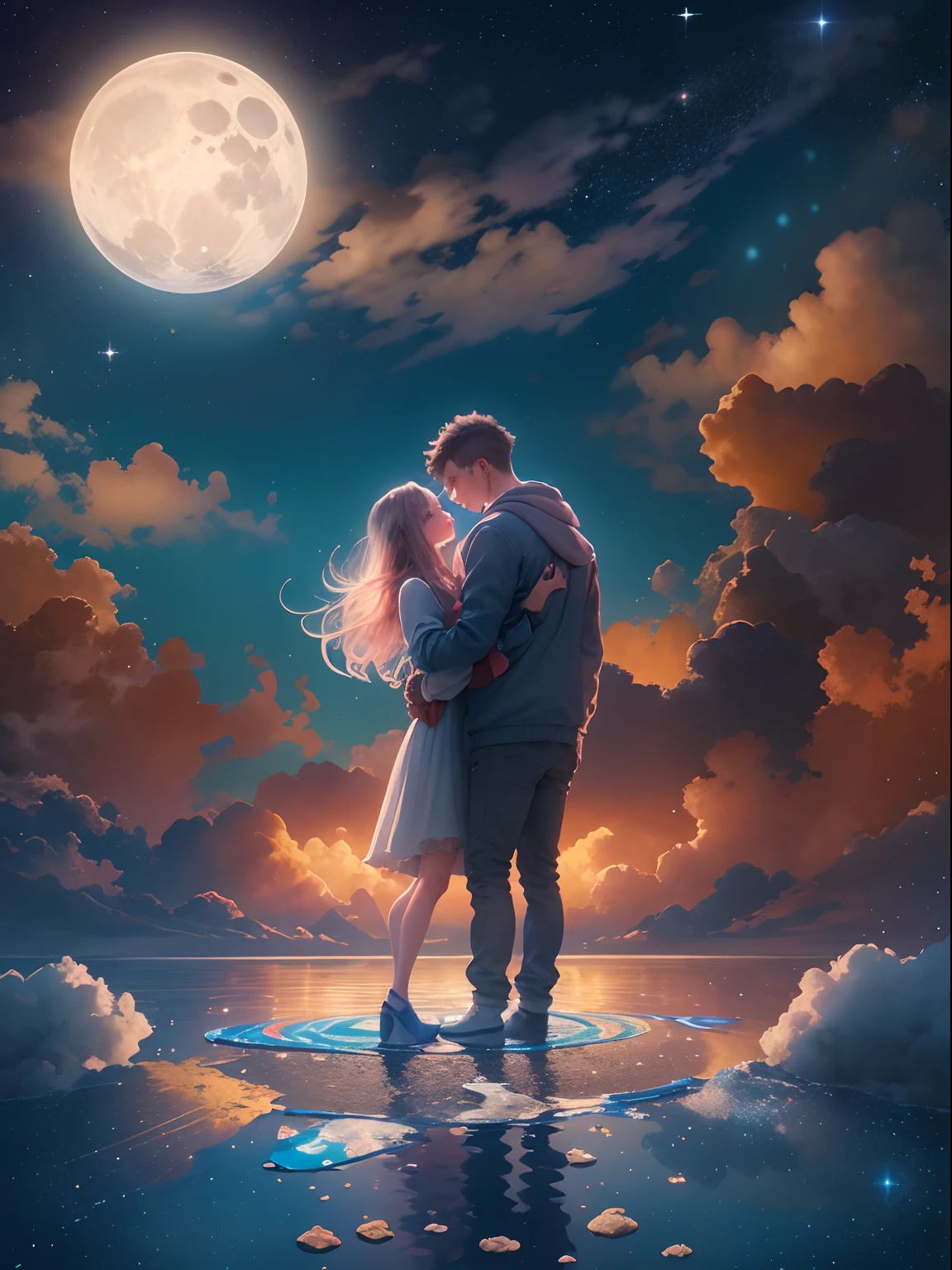 (((masterpiece))),best quality, illustration,  sky, cloud, star \(symbol\),1man, 1girl, couple, intimate, lovers, night, moon, star \(sky\), night sky, starry sky, vibrant color scheme, Soft light,(warm color:1.2),Water color painting, light background, best quality exquisite details,3d rendering,Octane render,