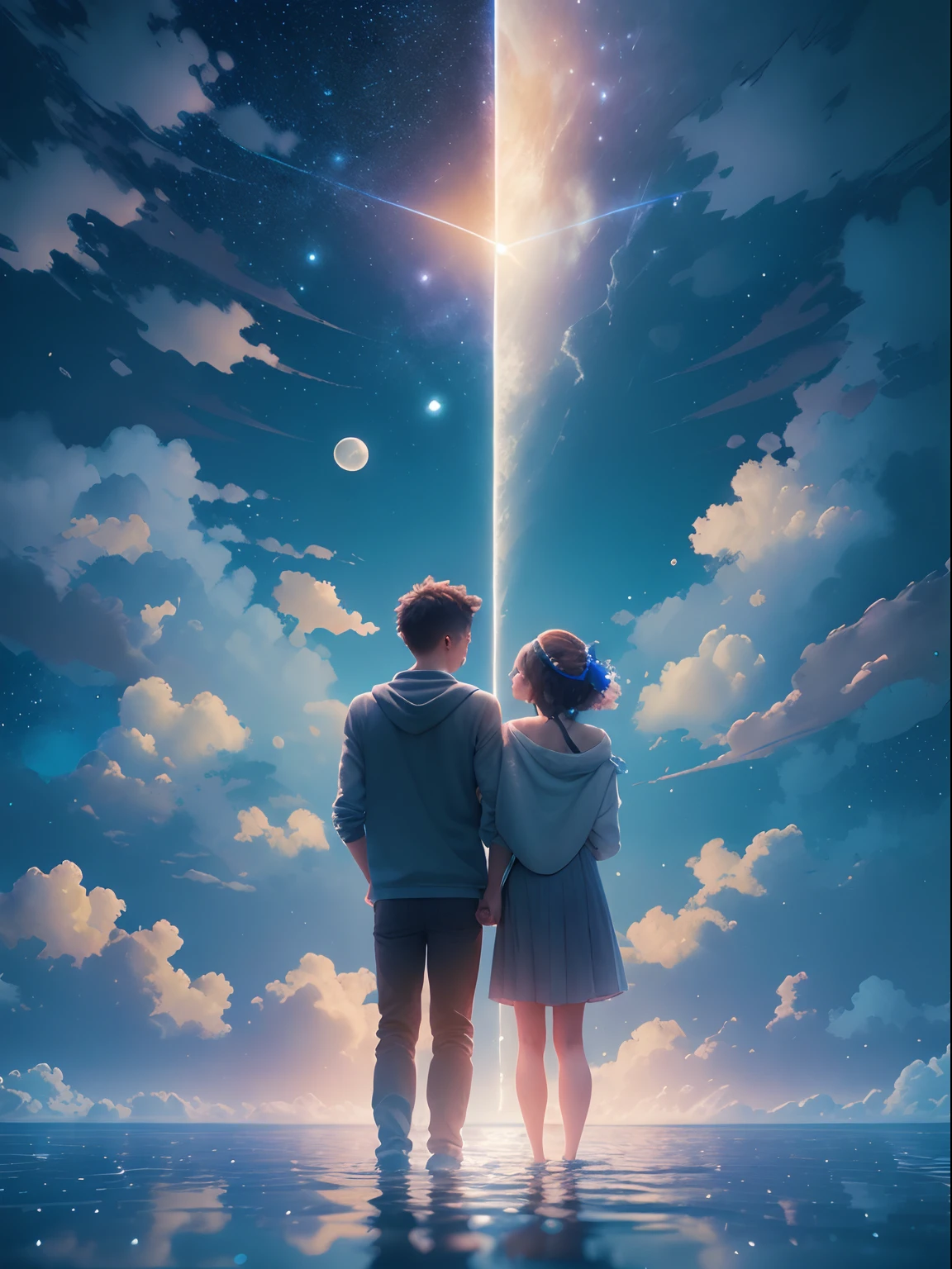 (((masterpiece))),best quality, illustration, sky, cloud, star \(symbol\),1man, 1girl, couple, intimate, lovers, night, moon, night sky, starry sky, vibrant color scheme, Soft light,(warm color:1.2),Water color painting, light background, best quality exquisite details,3d rendering,Octane render, wide shot