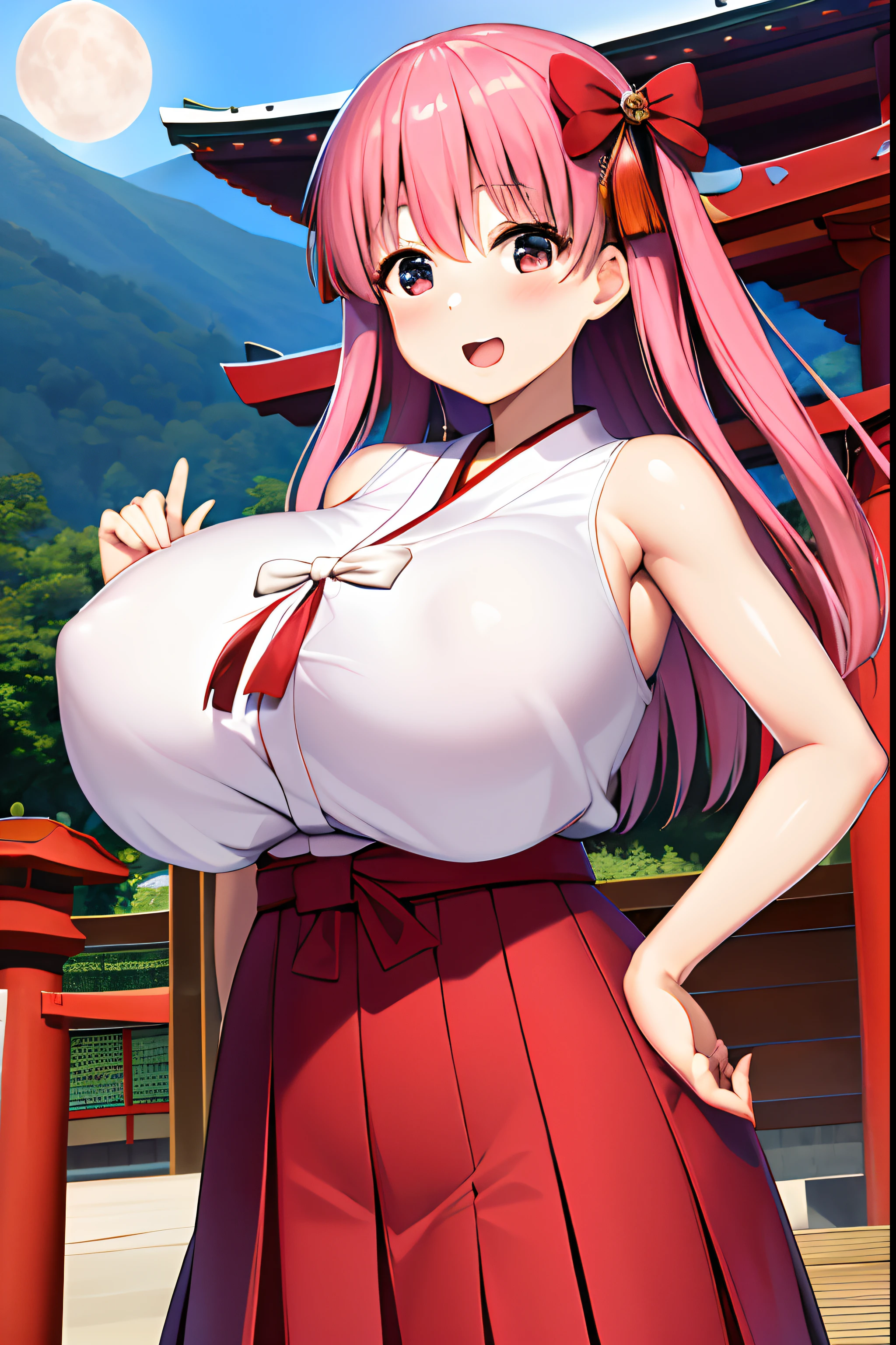 masterpiece、hightquality、top-quality、Saki、Nodoka Haramura, 1girl in, 独奏, looking at the viewers, red blush, A smile, open open mouth, (Shiny skin:1.2),(Colossal tits:1.8)、(absurdly huge breasts:1.4)、drooping chest, ((shrine maiden clothe)),Pink hair、细致背景, (shrines)、torii gate、(Hakama、a red skirt),Kimono, Komono,Sleeveless,The cherry tree,(natta)、a moon、nigh sky、stele