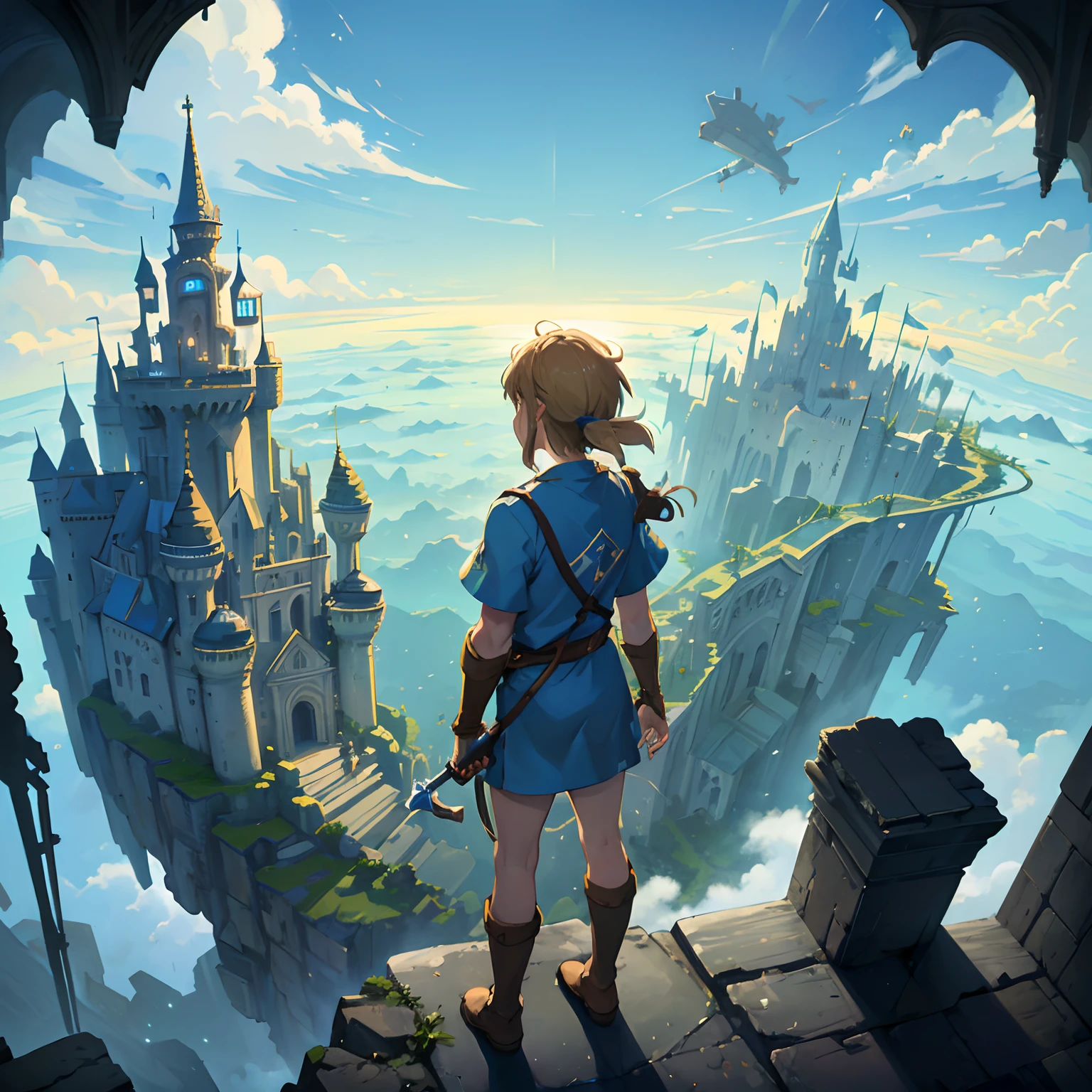 ((City in the Sky、Ruins in the sky、Castle in the Sky、hyrule castle、Skysky))、Link Adventurer:Tears of the Kingdom、One Man、swordsmen:linked、posterior view、zori、twlight