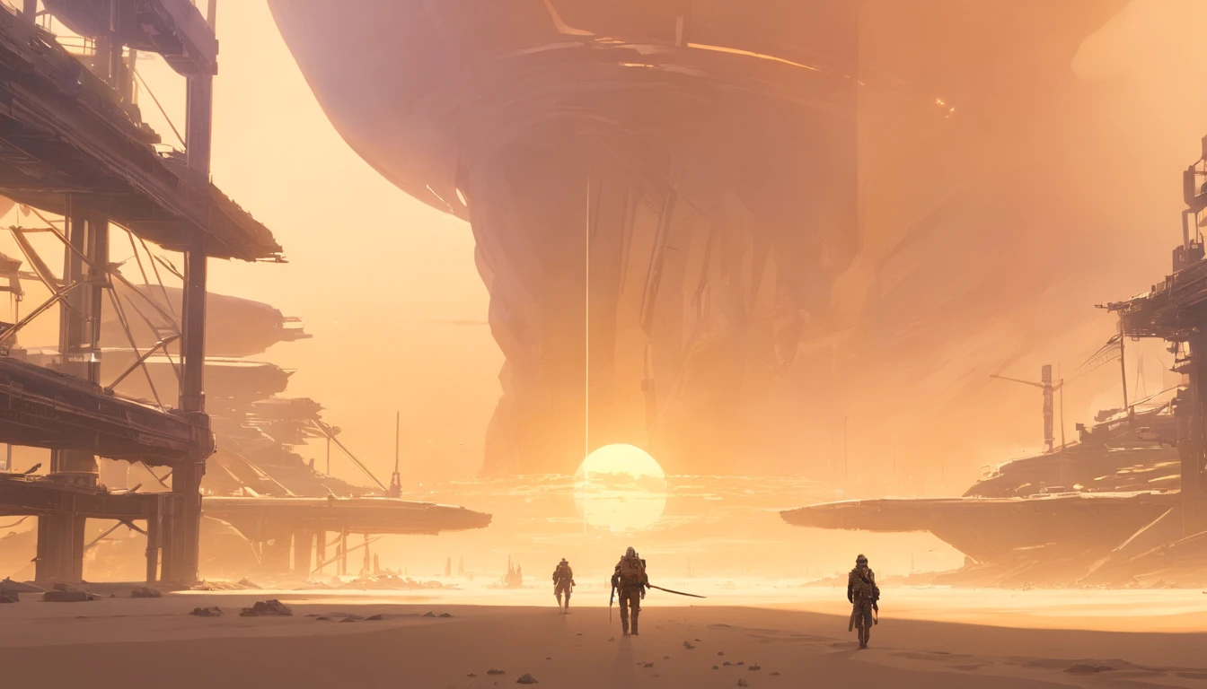 Dune concept art，Clean and neat tones，Sci-fi base scene，Huge scene，Square complex，Soviet aesthetic architecture，huge buildings，There are a lot of ships in the air，Size contrast，crowd of，Soldier with soldier，Big scenes of war，smog，Epic concept art，Fine 8K，vray，Wasteland science fiction