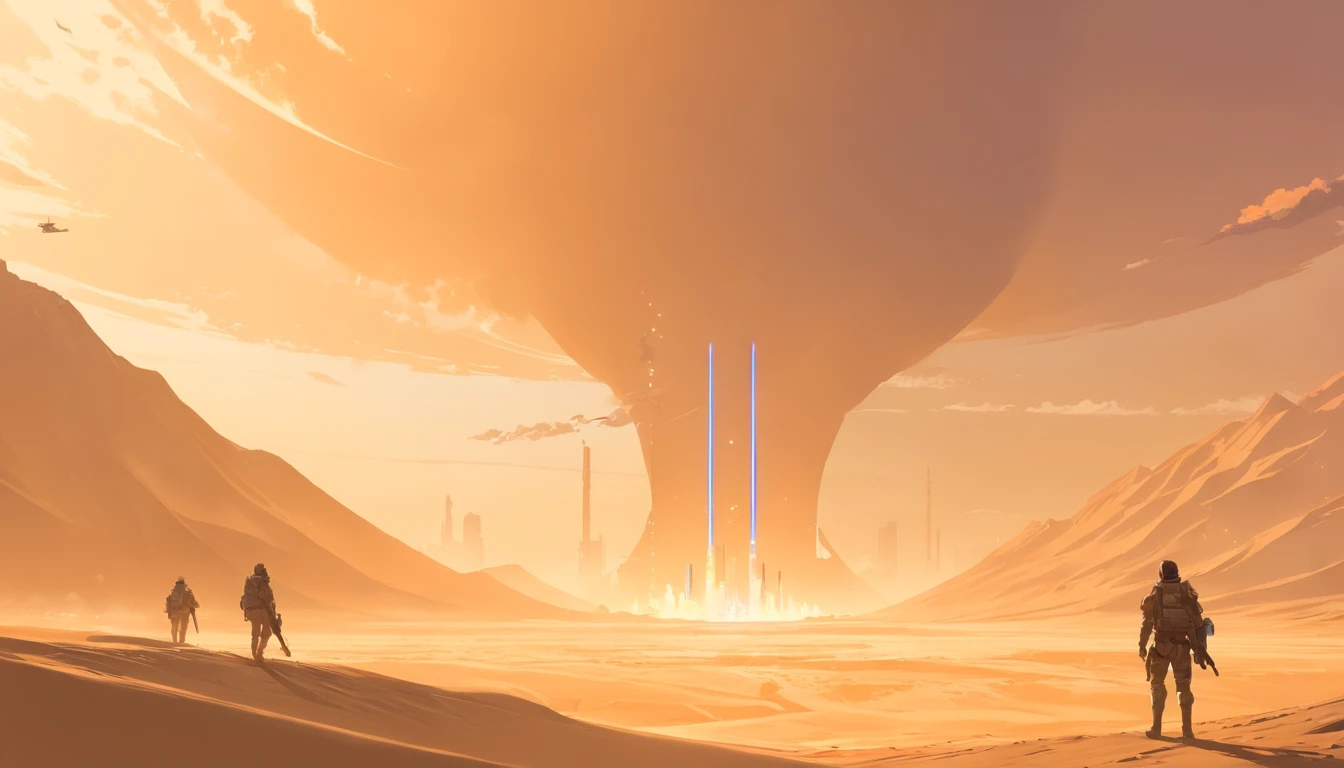 Dune concept art，Clean and neat tones，Sci-fi base scene，Huge scene，Square complex，Soviet aesthetic architecture，huge buildings，There are a lot of ships in the air，Size contrast，crowd of，Soldier with soldier，Big scenes of war，smog，Epic concept art，Fine 8K，vray，Wasteland science fiction