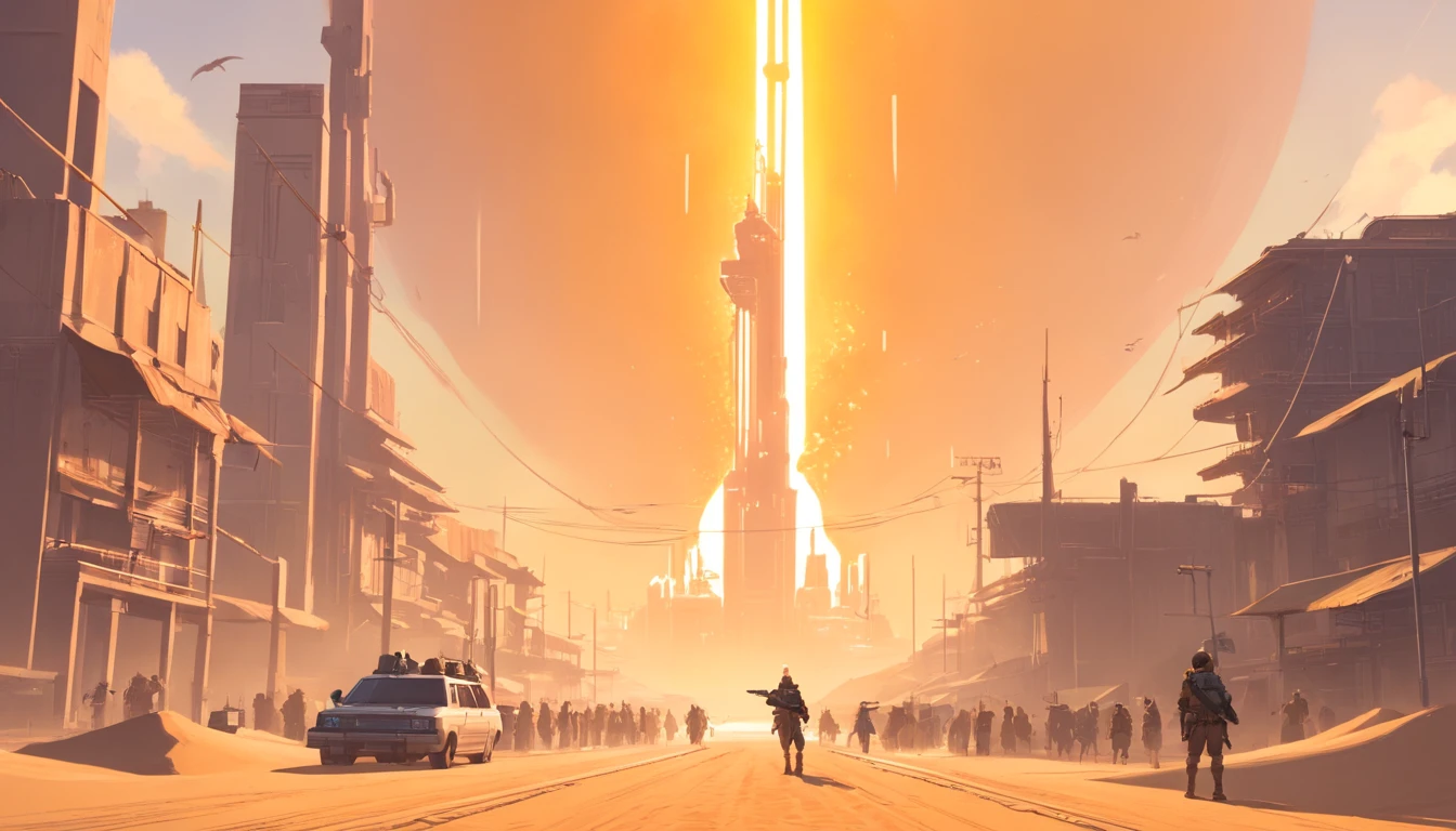 Dune concept art,Clean and neat tones,Sci-fi base scene,Huge scene,Square complex,Soviet aesthetic architecture,huge buildings,There are a lot of ships in the air,Size contrast,crowd of,Soldier with soldier,Big scenes of war,smog,Epic concept art,Fine 8K,vray,Wasteland science fiction