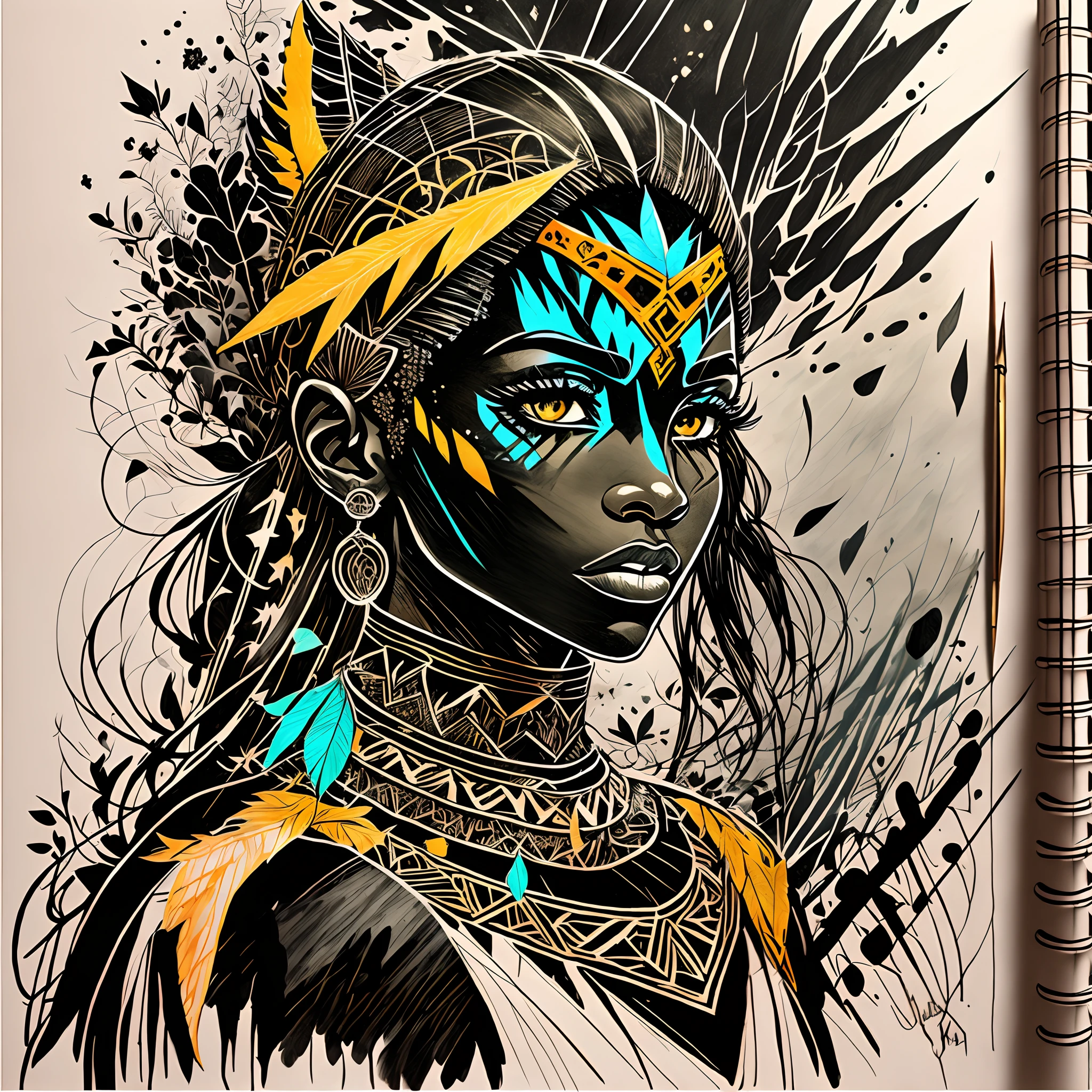 bits of color, furistic Sketch book, hand drawn, dark, gritty, realistic sketch, Rough sketch, mix of bold dark lines and loose lines, bold lines, on paper, black woman queen, earth-bender, leaves, tribal paint, light theme, --auto --s2