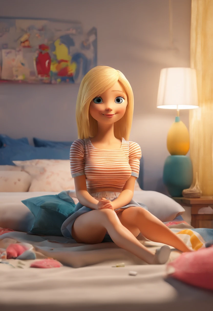 The blonde sits on the bed,legs are open, Not dressed