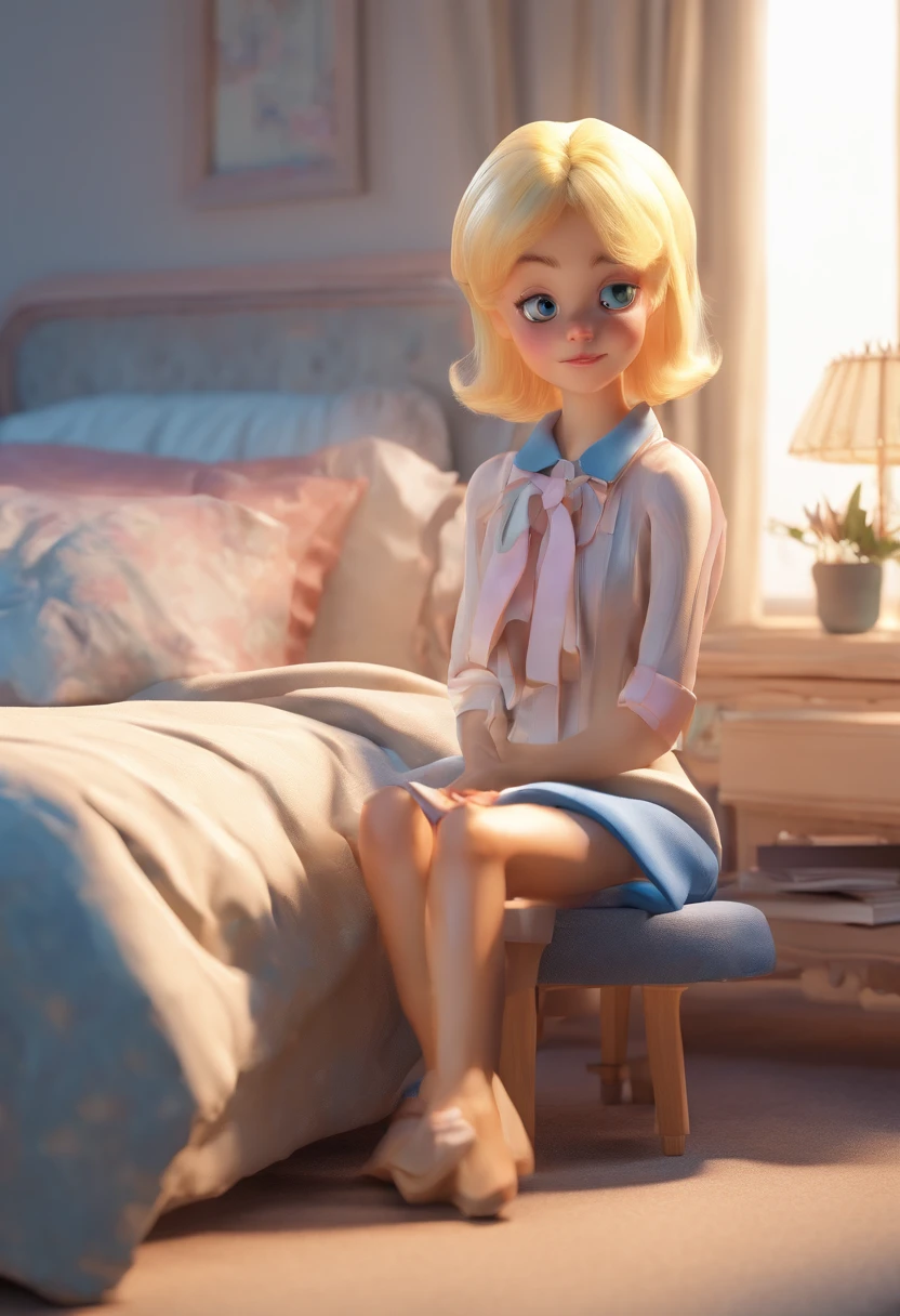 The  blonde sits on the bed，legs are open, Not dressed