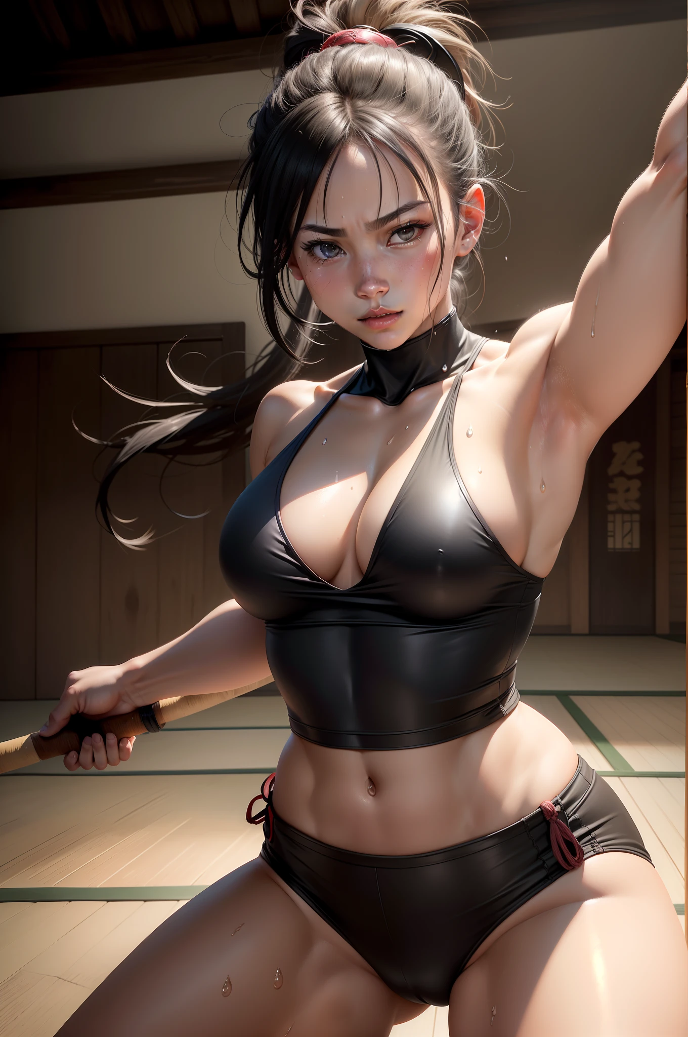 (8K,Photorealsitic Raw photography top-quality;1.4) (1girl in) Super beauty (Lifelike face) Muscular and macho female body in kendo doshi (cabelos preto e longos) Kendo Doshi enticing Beautiful expression Beautiful woman wielding a bamboo sword in the dojo Beautiful sweat splashes 超A high resolution A hyper-realistic real looking skin high detal Inside the Kenjutsu Dojo