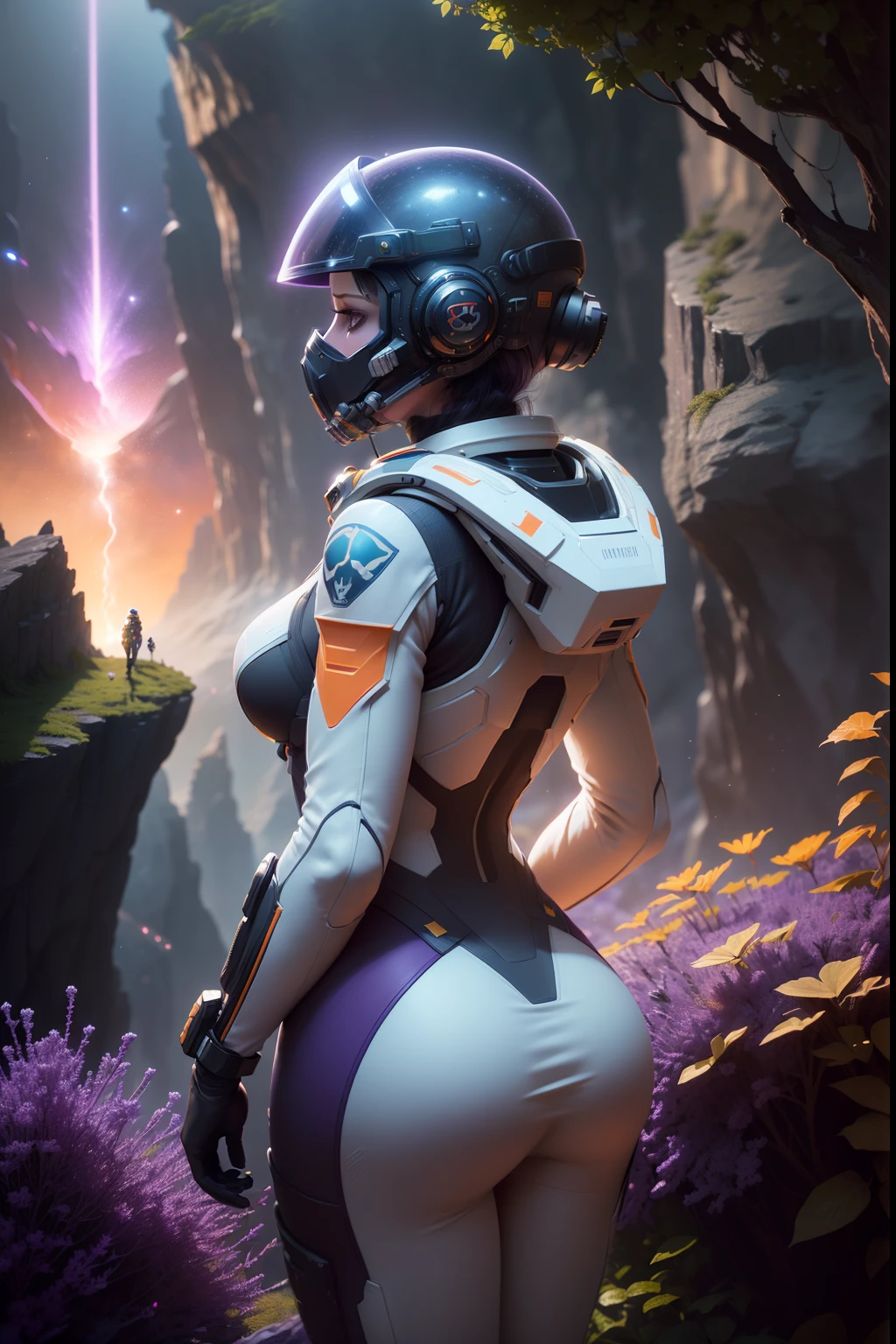 Highly detailed RAW color Photo, Rear Angle, Full Body, of (female space soldier, Dr. Sarah Mitchell, wearing orange and white space suit, helmet, tined face shield, rebreather, outdoors, (looking up at advanced alien structure, on alien planet), toned body, (sci-fi), (purplemountains:1.1), (lush purple vegetation), (two moons in sky:0.8), (highly detailed, hyperdetailed, intricate), (lens flare:0.7), (bloom:0.7), particle effects, raytracing, cinematic lighting, shallow depth of field, photographed on a Sony a9 II, 50mm wide angle lens, sharp focus, cinematic film still from Gravity 2013, beautiful women face, standing on a edge of a cliff with a view, purple waterfall in the distance
