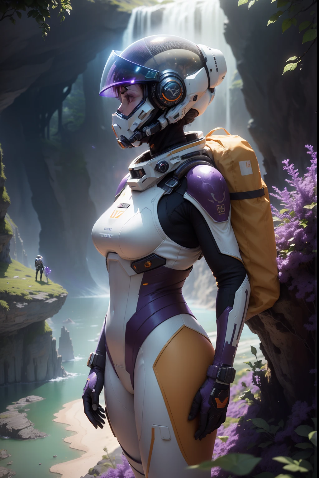 Highly detailed RAW color Photo, Rear Angle, Full Body, of (female space soldier, Dr. Sarah Mitchell, wearing orange and white space suit, helmet, tined face shield, rebreather, outdoors, (looking up at advanced alien structure, on alien planet), toned body, (sci-fi), (purplemountains:1.1), (lush purple vegetation), (two moons in sky:0.8), (highly detailed, hyperdetailed, intricate), (lens flare:0.7), (bloom:0.7), particle effects, raytracing, cinematic lighting, shallow depth of field, photographed on a Sony a9 II, 50mm wide angle lens, sharp focus, cinematic film still from Gravity 2013, beautiful women face, standing on a edge of a cliff with a view, purple waterfall in the distance