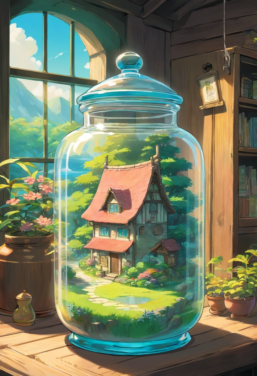 A glass jar with a cottage inside it