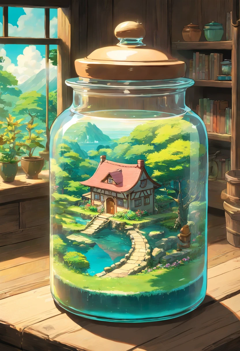A glass jar with a cottage inside it