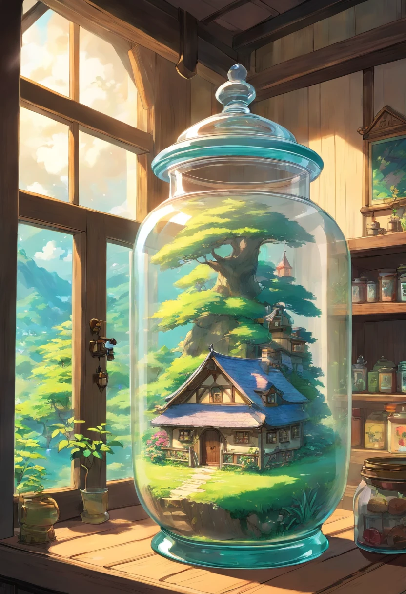 A glass jar with a cottage inside it