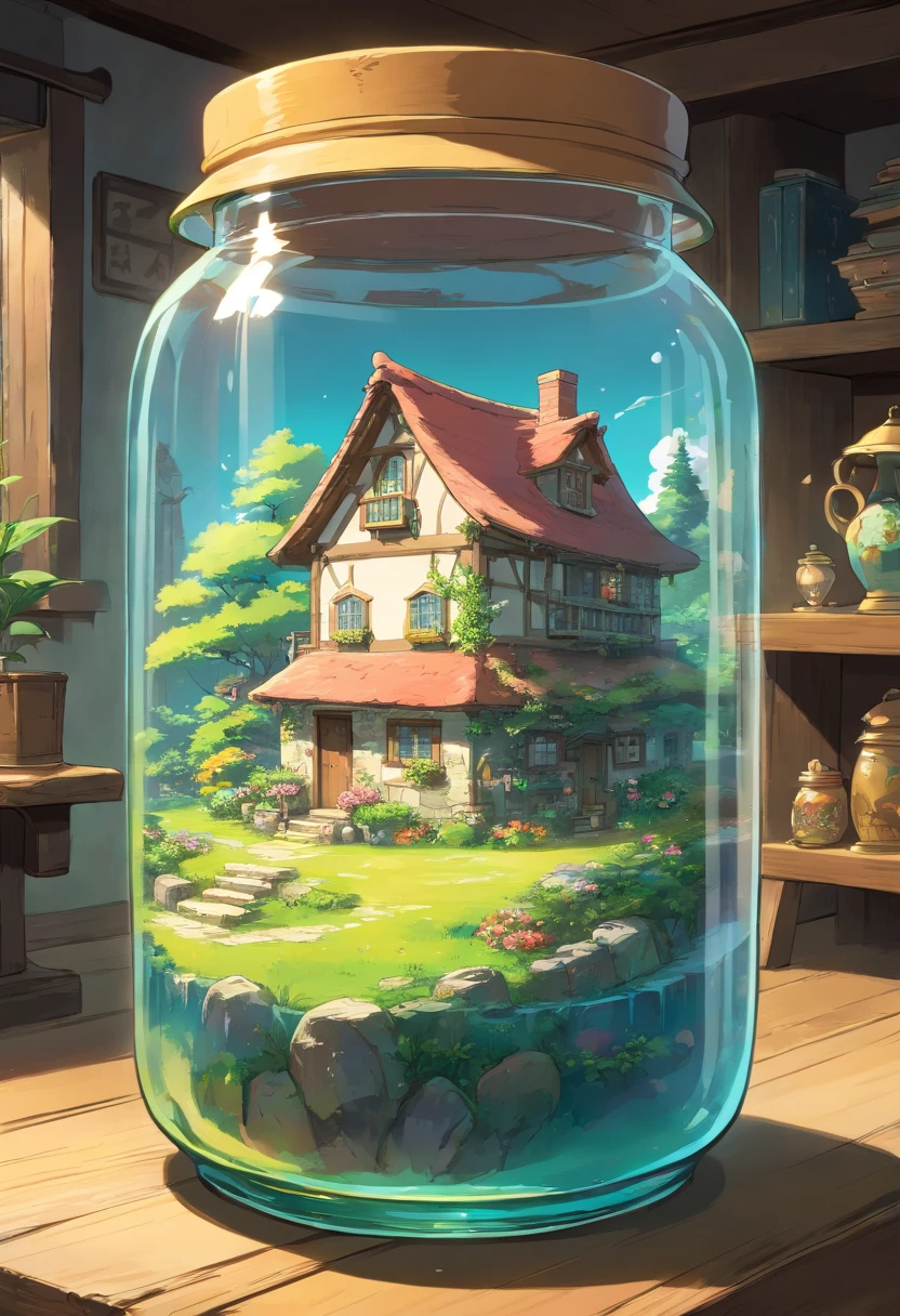 A glass jar with a cottage inside it