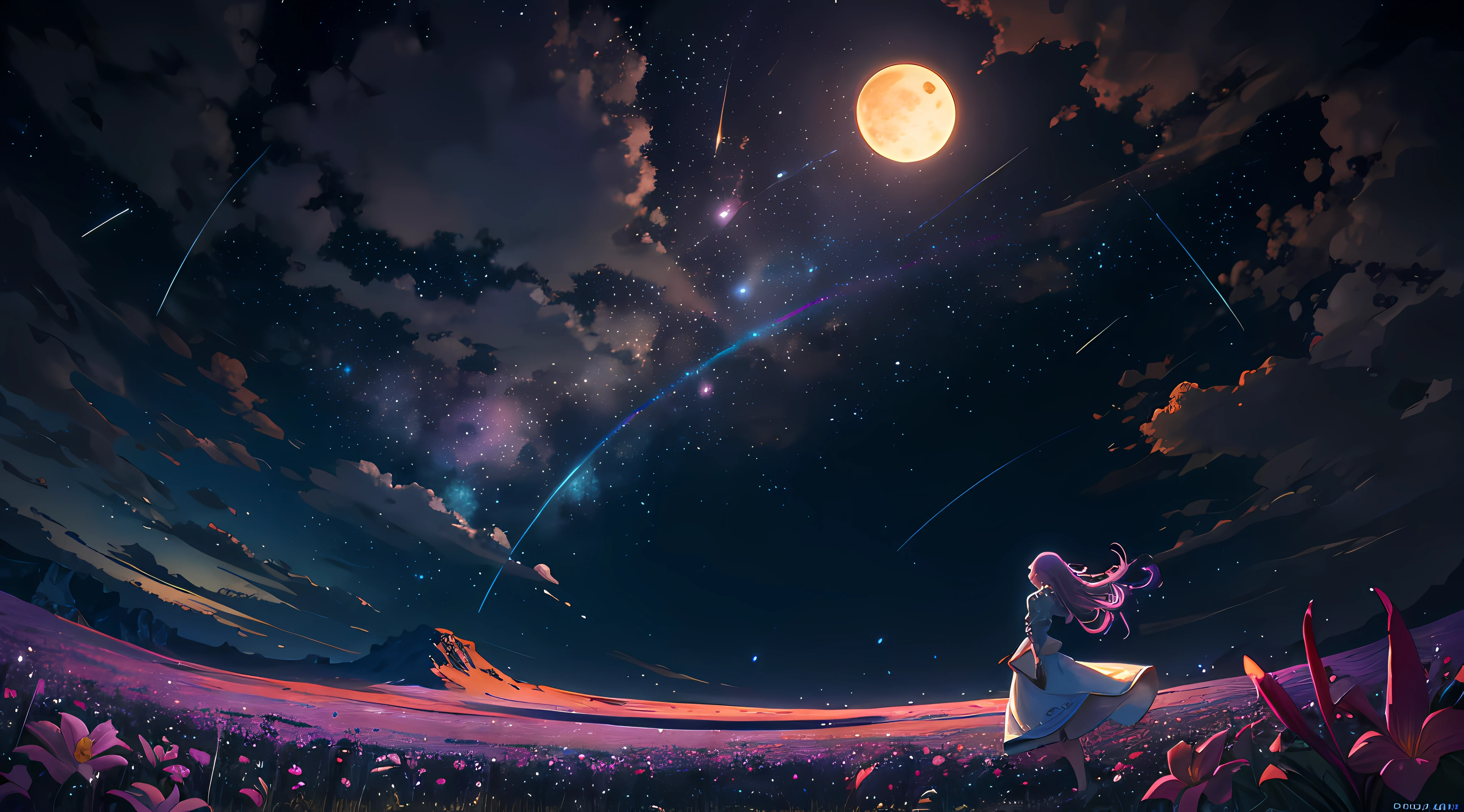 Vast landscape photo, (viewed from below, the sky is above and the open field is below), a girl standing on a flower field looking up, (full moon: 1.2), (meteor: 0.9), (nebula: 1.3), distant mountains , Trees BREAK Crafting Art, (Warm Light: 1.2), (Fireflies: 1.2), Lights, Lots of Purple and Orange, Intricate Details, Volumetric Lighting, Realism BREAK (Masterpiece: 1.2), (Best Quality), 4k, Ultra-Detailed, (Dynamic Composition: 1.4), Very Detailed, Colorful Details, (Rainbow Colors: 1.2), (Glow Lighting, Atmospheric Lighting), Dreamy, Magical, (Solo: 1.2)