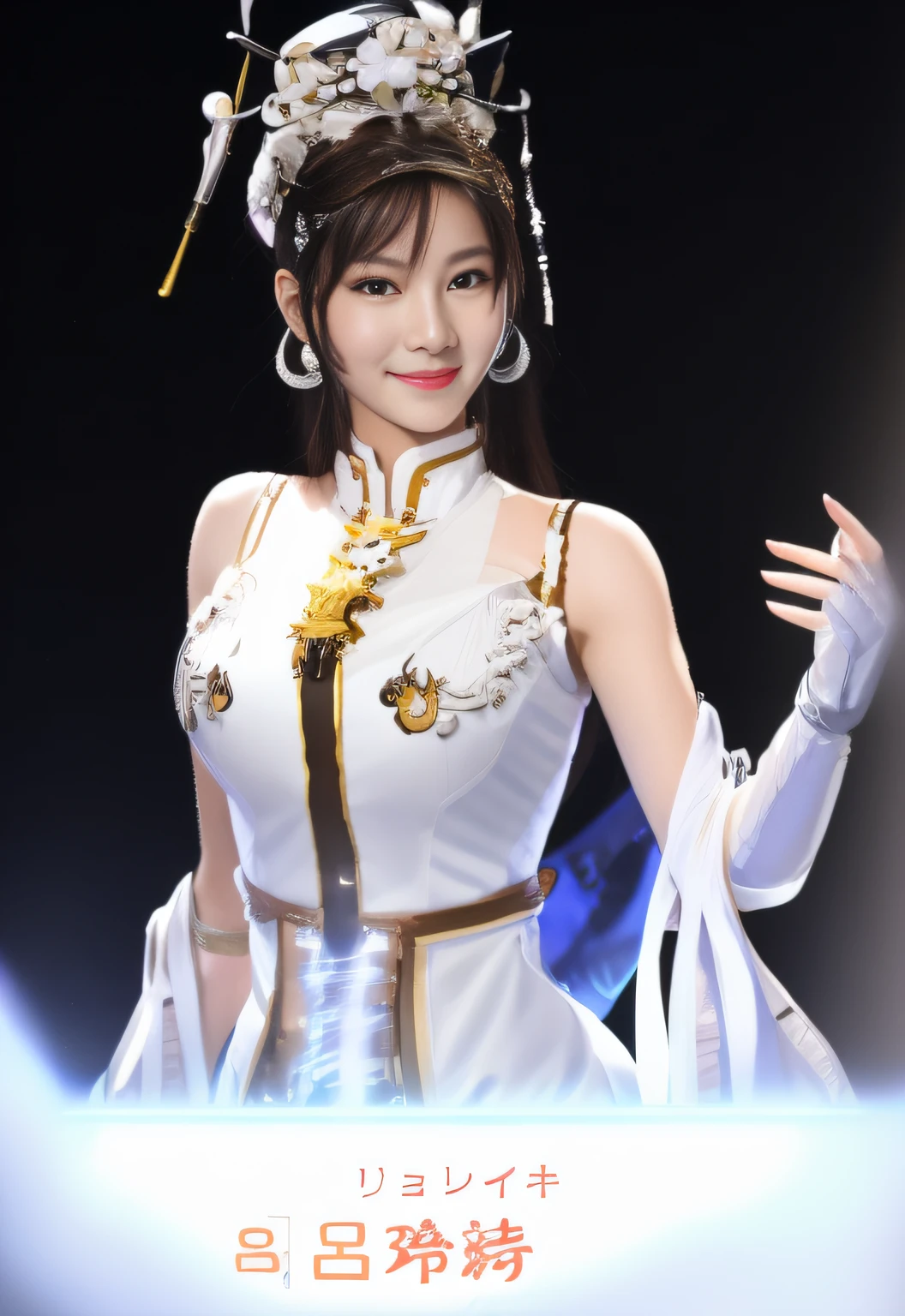 Close up portrait of smiling woman in white costume holding sword