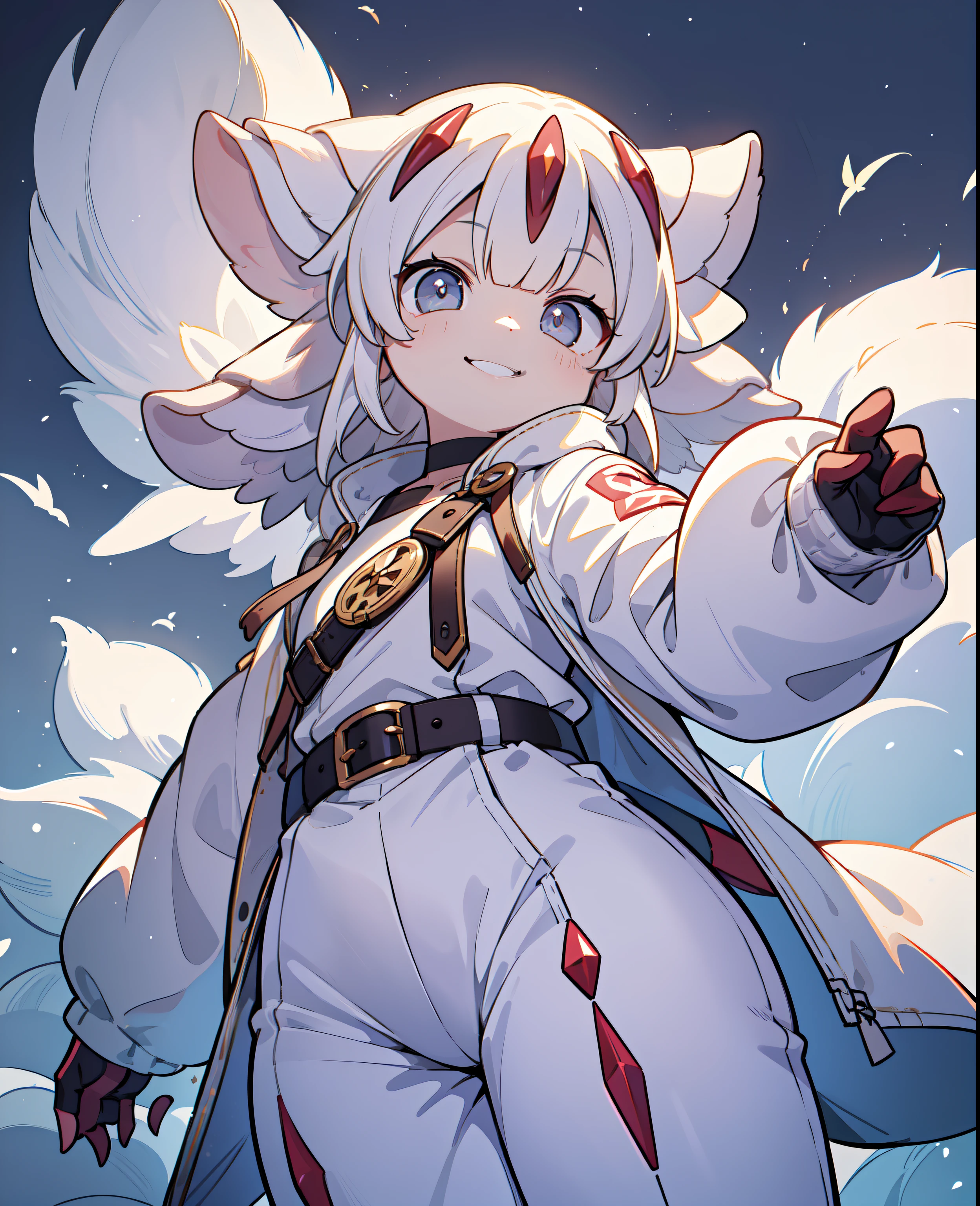 Faputa,1girll,(Masterpiece, Best quality:1.1),独奏, Curvy, Evil smile,White jacket, Casual style,Open jacket, belt, Cowboy shot、White color hair,a small face、hason、Bright smile、(Parka、Finger gloves、White sneakers)、(Fine fingers、human hand)、(Detailed face) 、(top-quality: 1.4、tmasterpiece、 hyper HD、 Top resolution,、The is very detailed、 profesional lighting、 Gray light illumination、low angle from below)