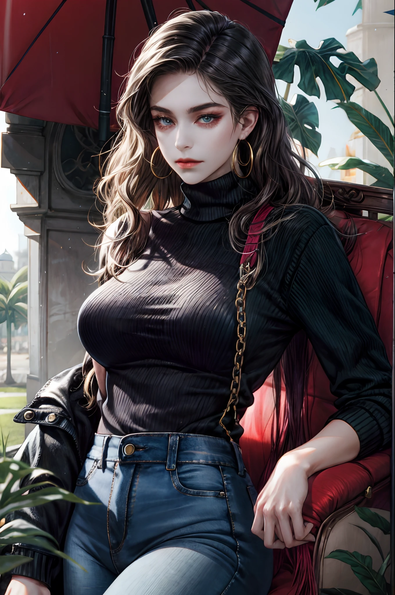 (masterpiece:1.2, best quality), 1lady, solo, upper body, big tits, Dark skinny jeans, oversized sweater, ankle boots, Loose waves, center part, simple hoop earrings, (in Park)
