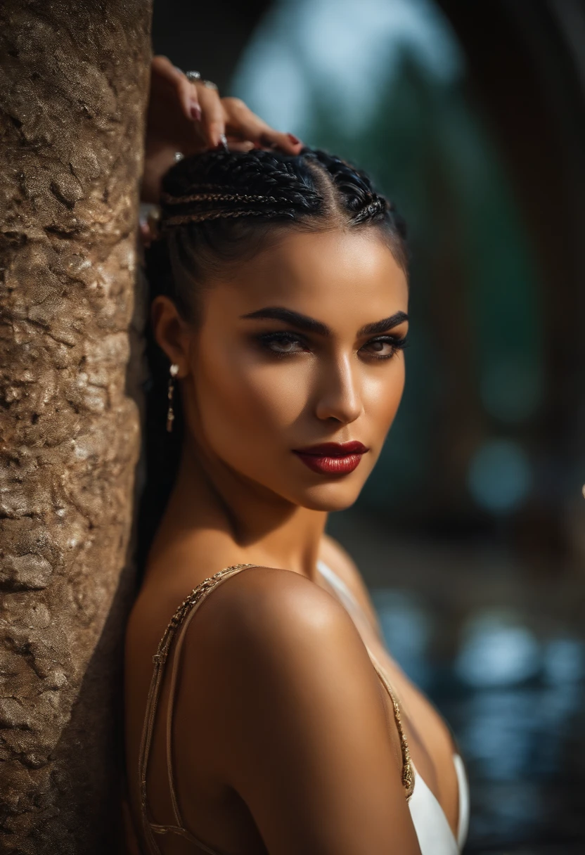 Latina, branca, latex bunda grande, de costas, olhando pra camera, wet, plaits, riso, forte