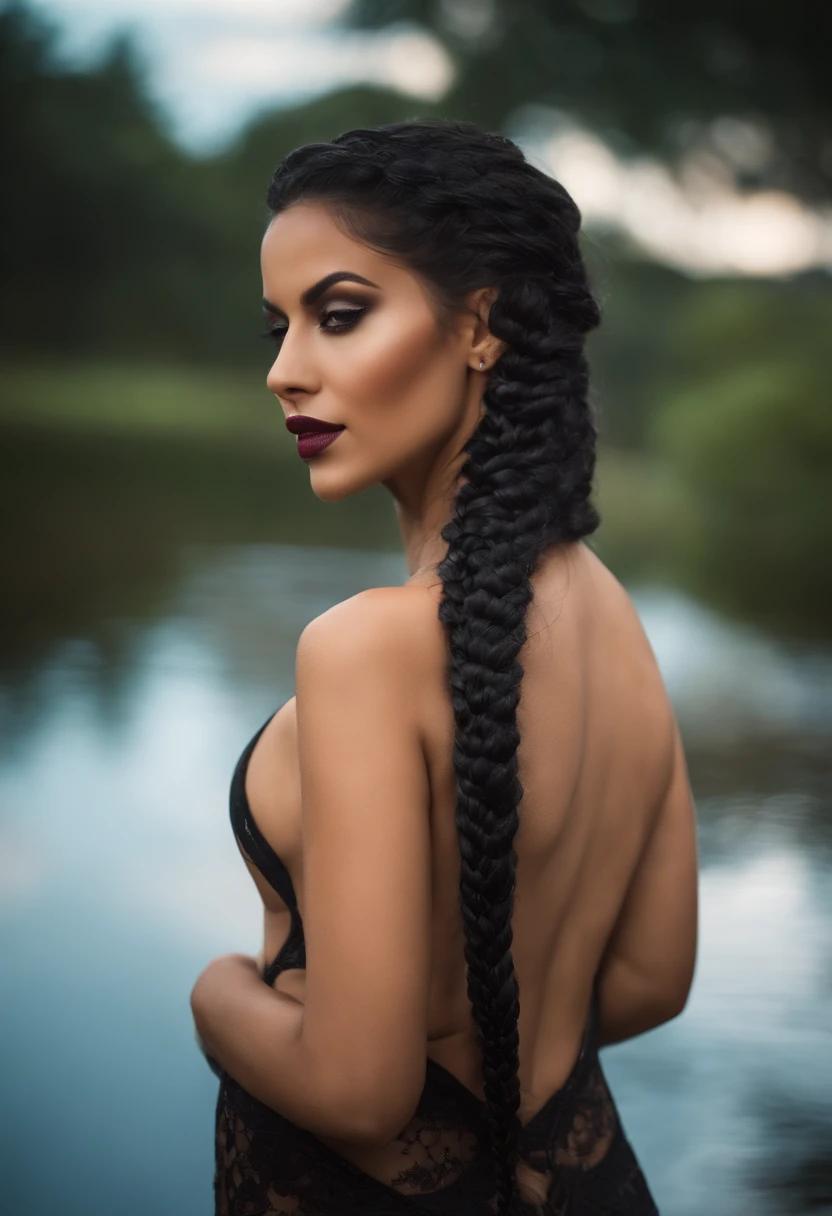 Latina, branca, latex bunda grande, de costas, olhando pra camera, wet, plaits, riso, forte