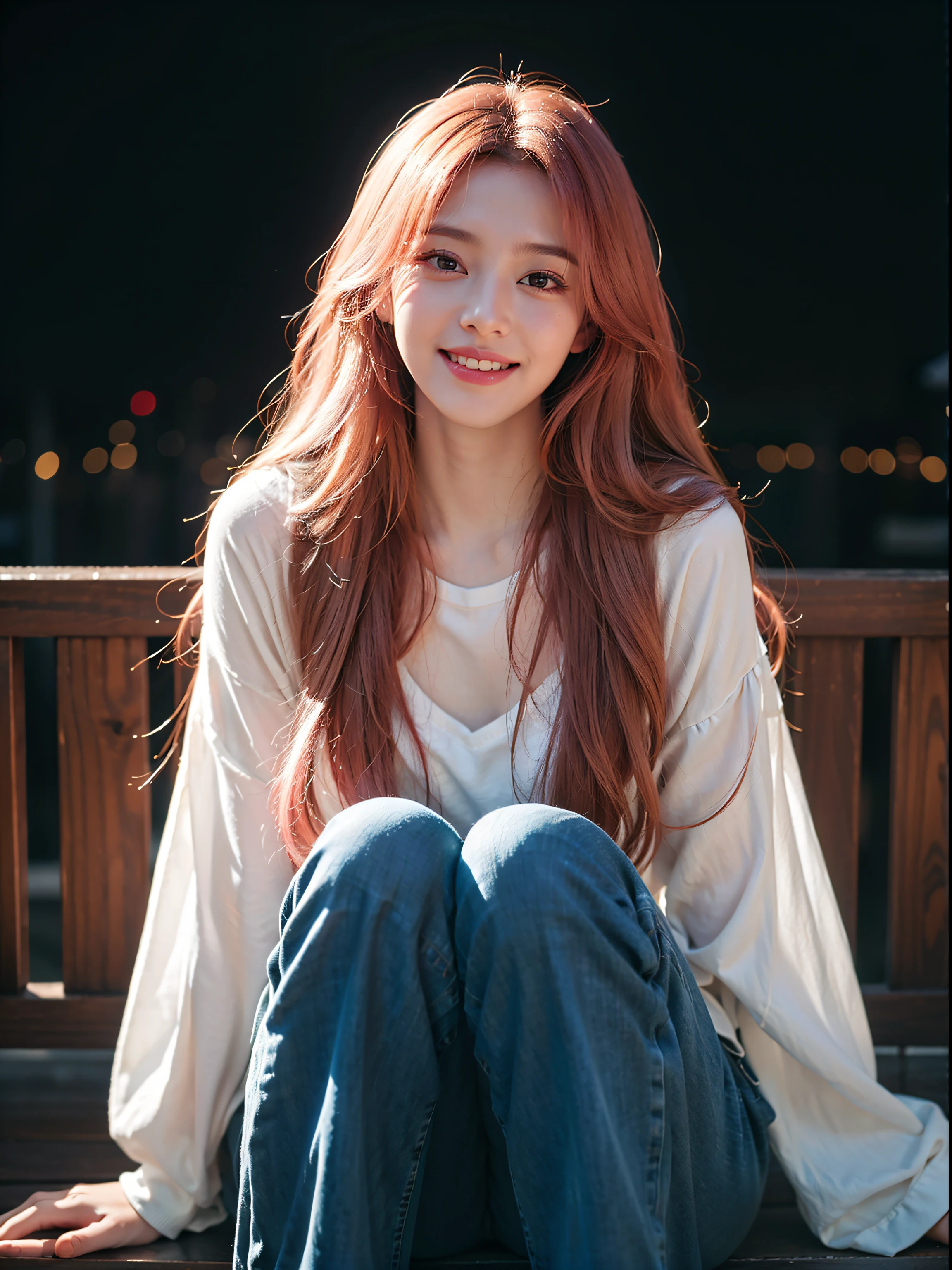 (Best Quality Detail)、(Photoreality:1.2)、8K UHD、hight resolution、(1girl in:1.2)、The ultra-detailliert、High quality textures、intricate detailes、ultra-detailliert、High quality shadows、Detail Beautiful delicate face、Detail Beautiful delicate eyes、depth of fields、Ray traching、Night town、neons、Background blur、in her 20s、Pretty Kpop Girl、(Korean Urzan Face)、(ulzzang -6500-v1.1:0.6)、pureerosface_v1、gloweyes、perfectbody、 look at viewr、teak、Glossy lips,(Delicate and best smile)、high-level image quality, The highest image quality, top-quality, Photorealsitic, 4K 8K UHD Full Color RAW Photos, Fuji Film(Medium format), Hasselblad, Carl zeiss, (Knee shot)、hight resolution, High pixel count, clear details, crisp image, Natural color reproduction, Noise Reduction, High fidelity, qulity, Optimized algorithms, Pro-level retouching,(Long straight pink hair)、Description beautiful delicate hair、White cardigan、Moe Sleeve、Denim Damaged Jeans、(Delicate and best smile)、(The best smile)、