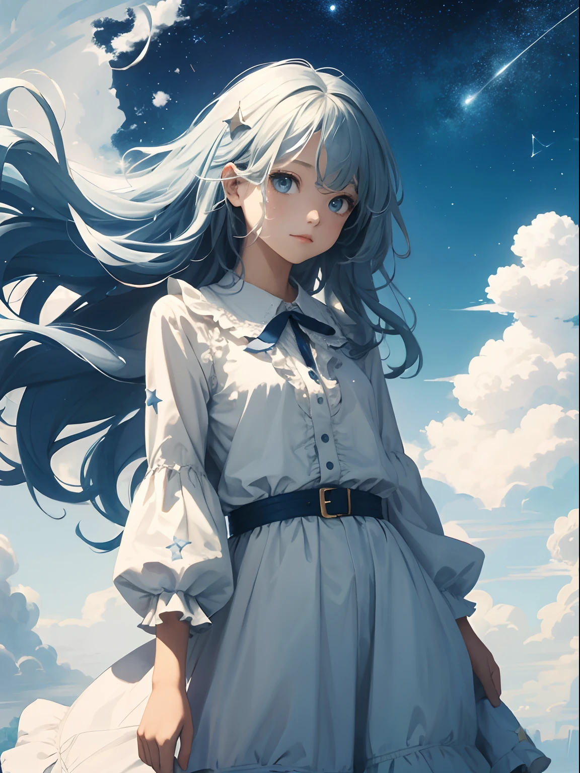 Skysky,Portrait of a beautiful girl,curlies,long hair floating in the wind,beautiful cloud,Cloud wraps girl,Clothes made of clouds,Decorate with stars,Messy painting style,