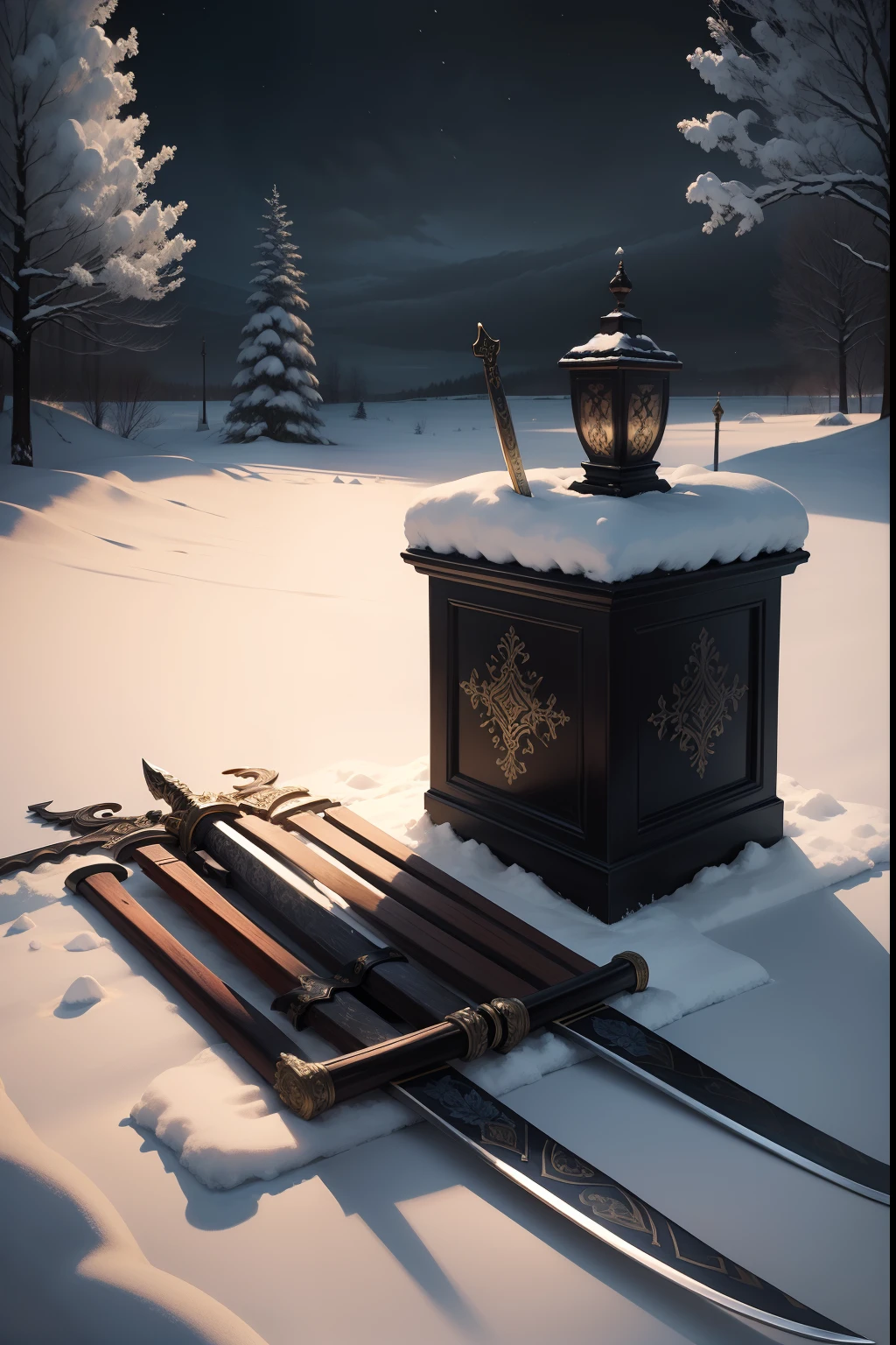 A painting of a two ornamental swords, laying in the snow, no humans, no people, winter, eerie night time light, dark sky.