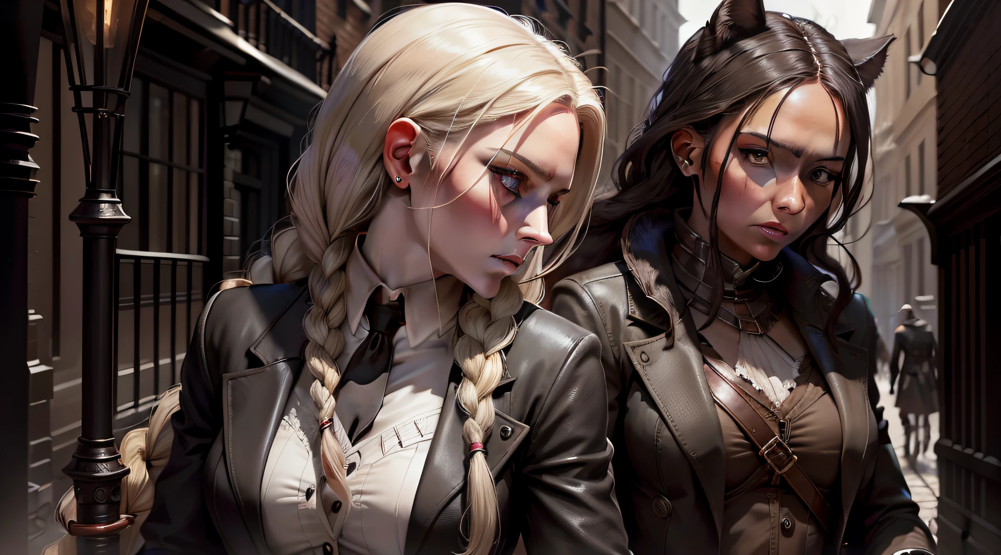 A hunter human woman in a suit and she has long white braided hair. She fights werewolves with a walking stick. In a london dark street.