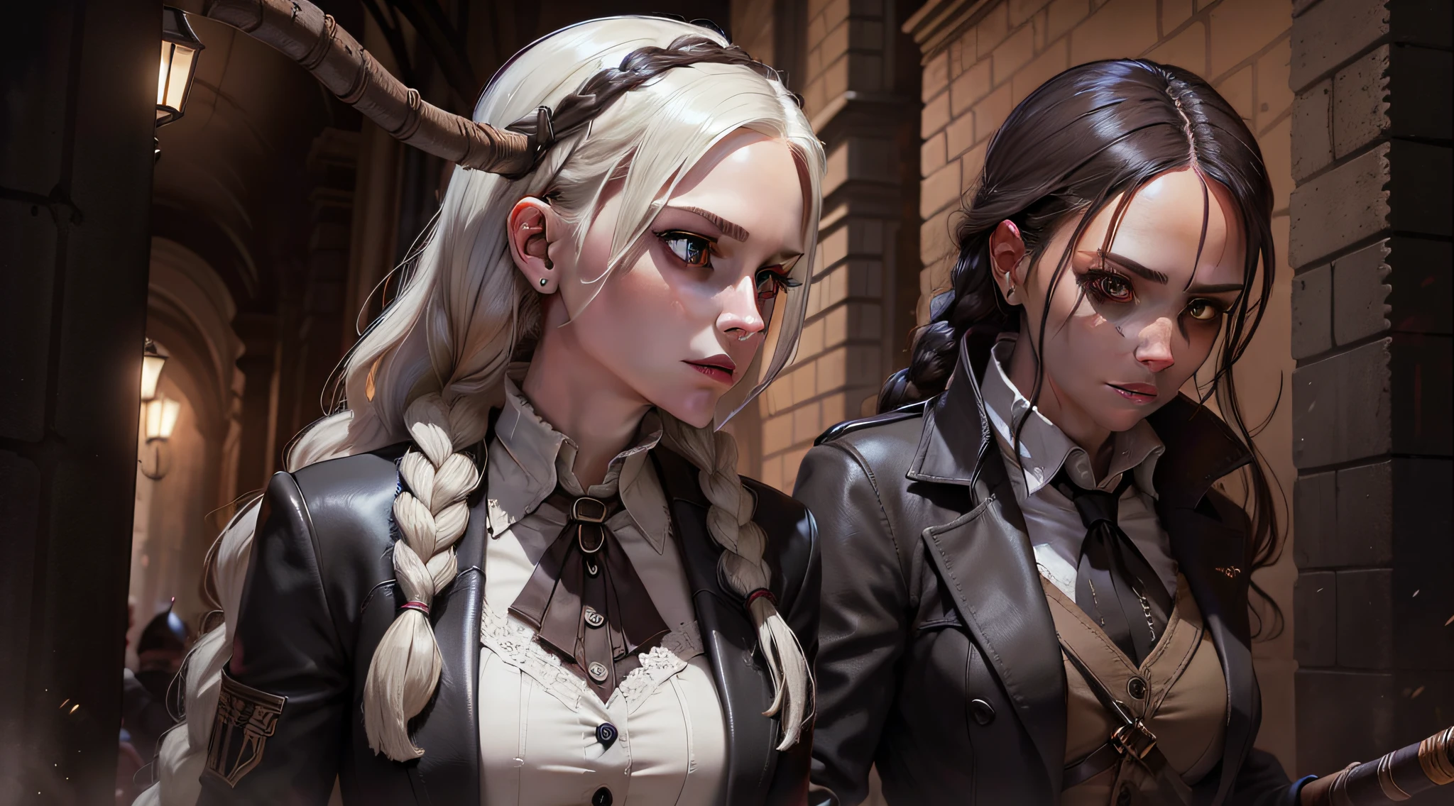 A hunter human woman in a suit and she has long white braided hair. She fights werewolves with a walking stick. In a london dark street.