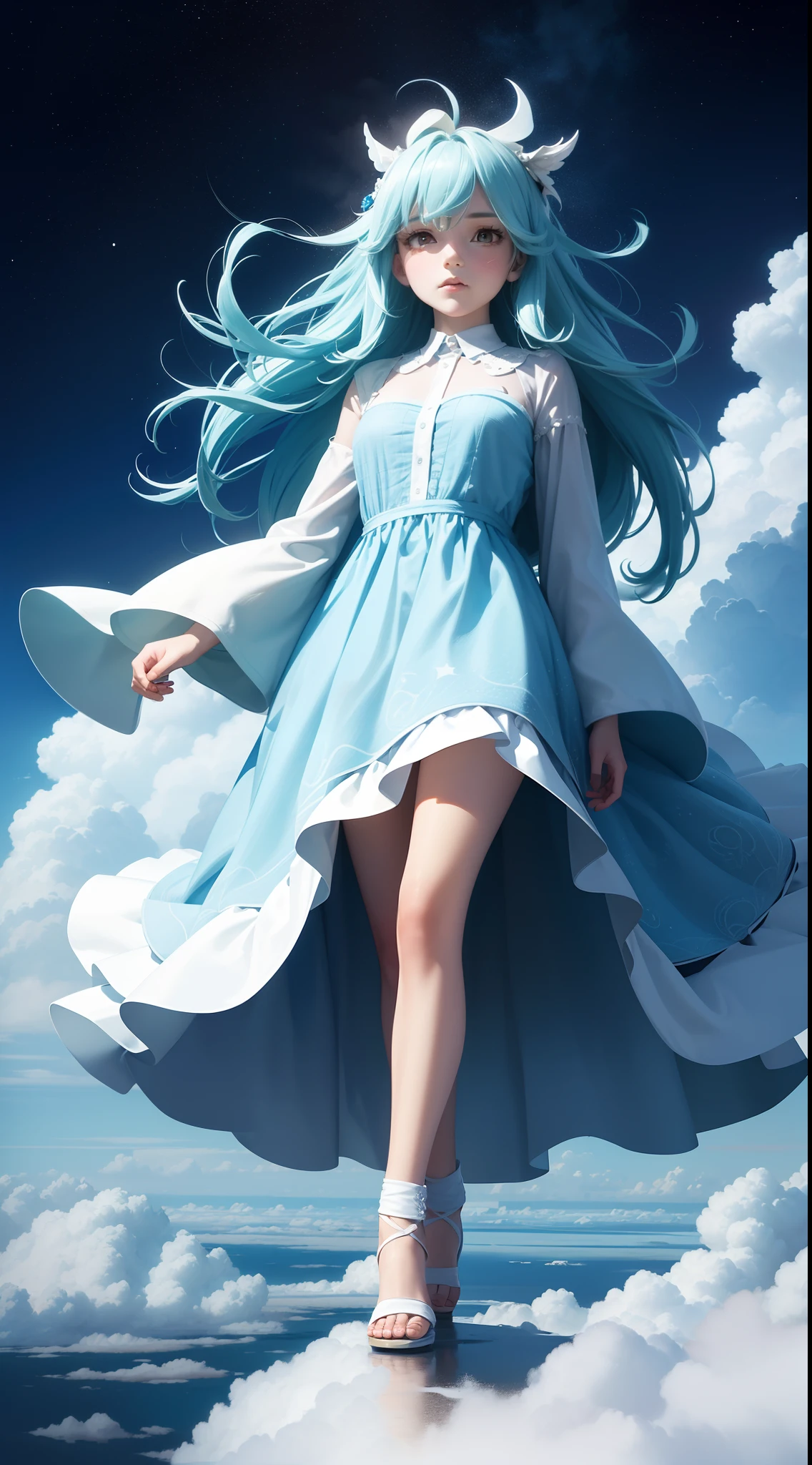 (A girl walking on a beautiful fluffy cloud,The feet are entangled in clouds,Sea of clouds at the feet of the girl:1.25),(Cowboy shot,Above Knee Portrait:1.25),Aerial view,concept-art,sky,ventania,Beautiful fluffy clouds,anime big breast,Flowers,surrealism painting,Ultra-fine strokes, in the style of charming character illustrations,the stars art group,Fairytale inspiration,Glowing 3D clouds,Whimsical cartoon style,Multidimensional shading,Crepuscular Rays,Animation matrix,tatami galaxy,Kells' Secret,Wind blows,Flowing hair,Flowing clothes,
