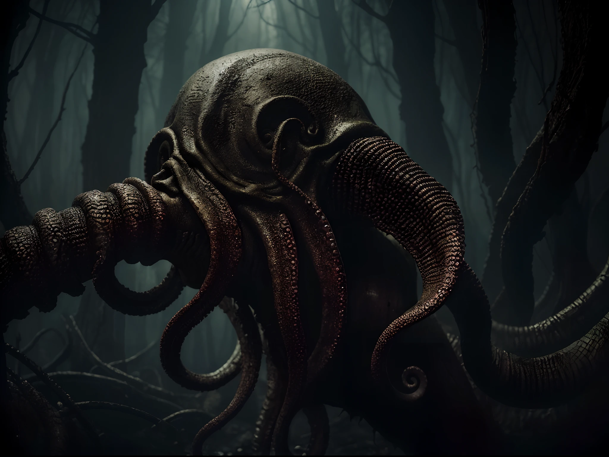 ((Best quality, 8K, Masterpiece: 1.4)),((Amazing detail: 1.3)),((illustration: 1.2)),((high resolution: 1.1)),Creepy, Horror, Worms, Dark style, Dark fantasy,Tentacle, Flesh-colored, Realistic, Dark atmosphere, Chiaroscuro, filmgrain, peristaltic,Decolorization,