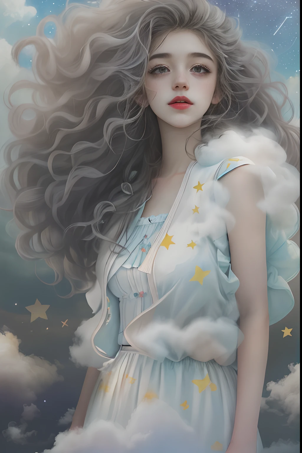 Skysky，Portrait of a beautiful girl，curlies，long hair floating in the wind，beautiful cloud，Cloud wraps girl，Clothes made of clouds，Decorate with stars，Messy painting style，